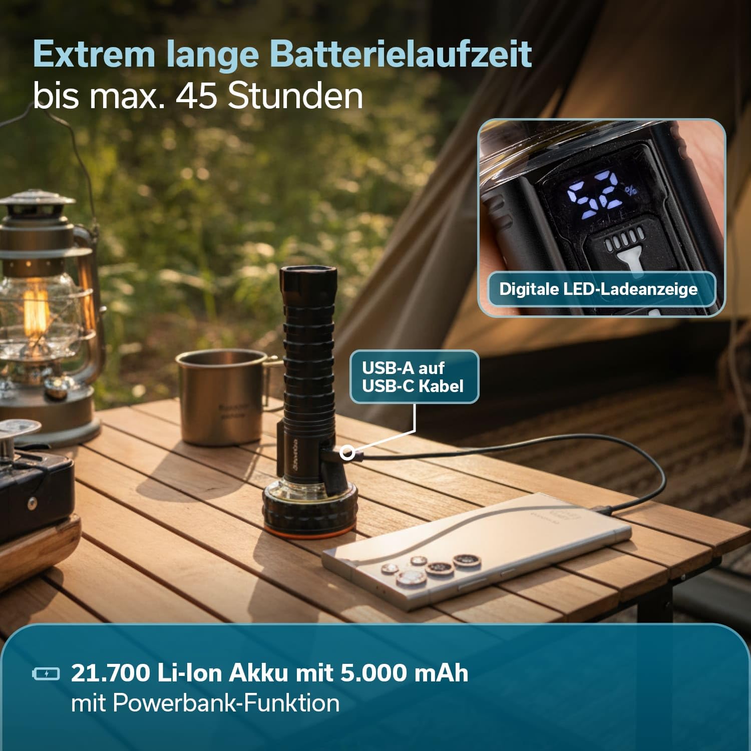 skandika Linterna LED Lyska – Linterna de camping 2 en 1 con LED COB – batería recargable | con imán - luz LED - linterna de mano - para actividades al aire libre - senderismo