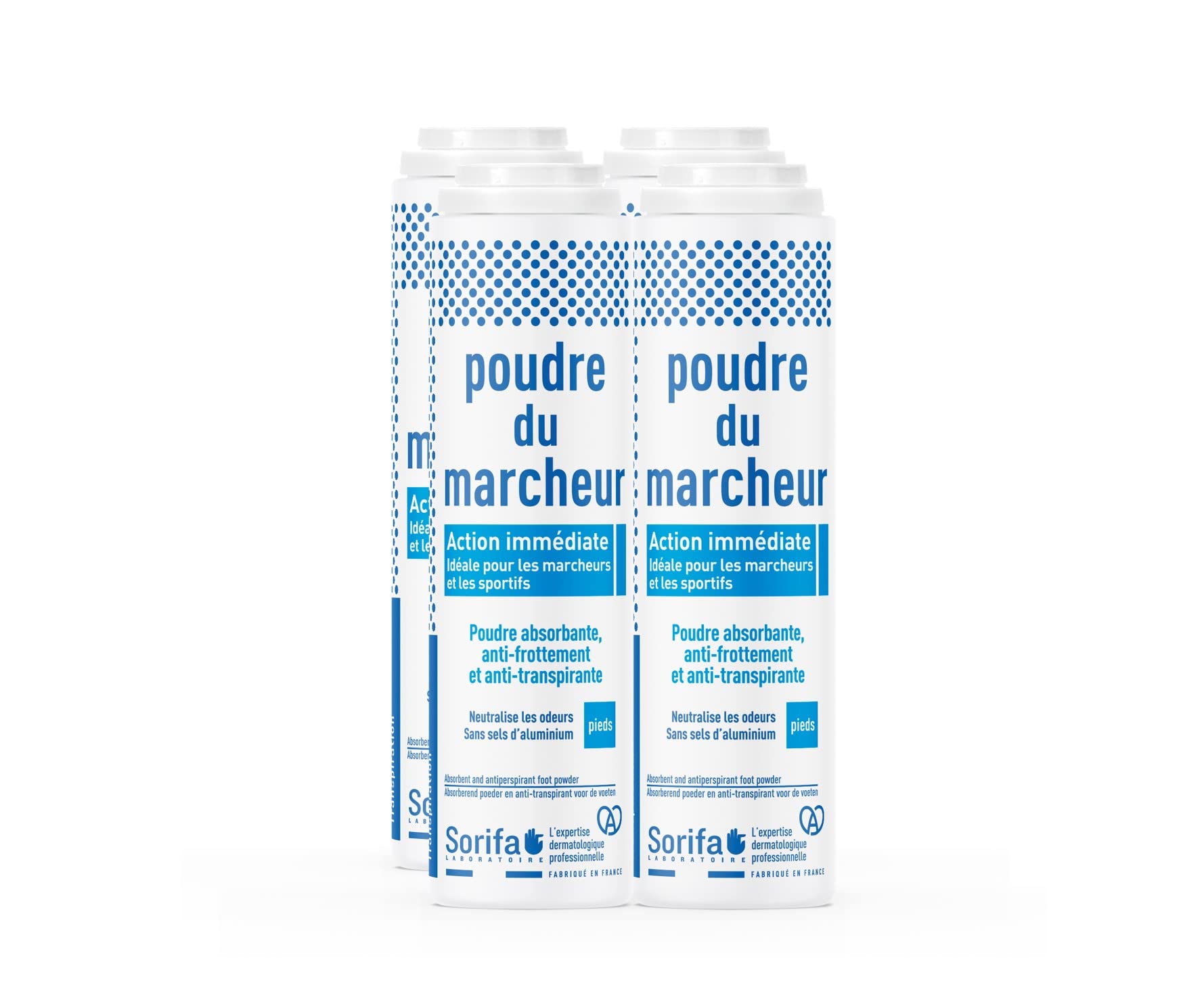 Lot de 4 - Poudre du Marcheur - Anti-transpirante - Absorbante - Pieds – Réduit la transpiration - Elimine odeurs et mycoses - Sans sels d’aluminium - Fabriqué en France - Poudreuse 100 gr