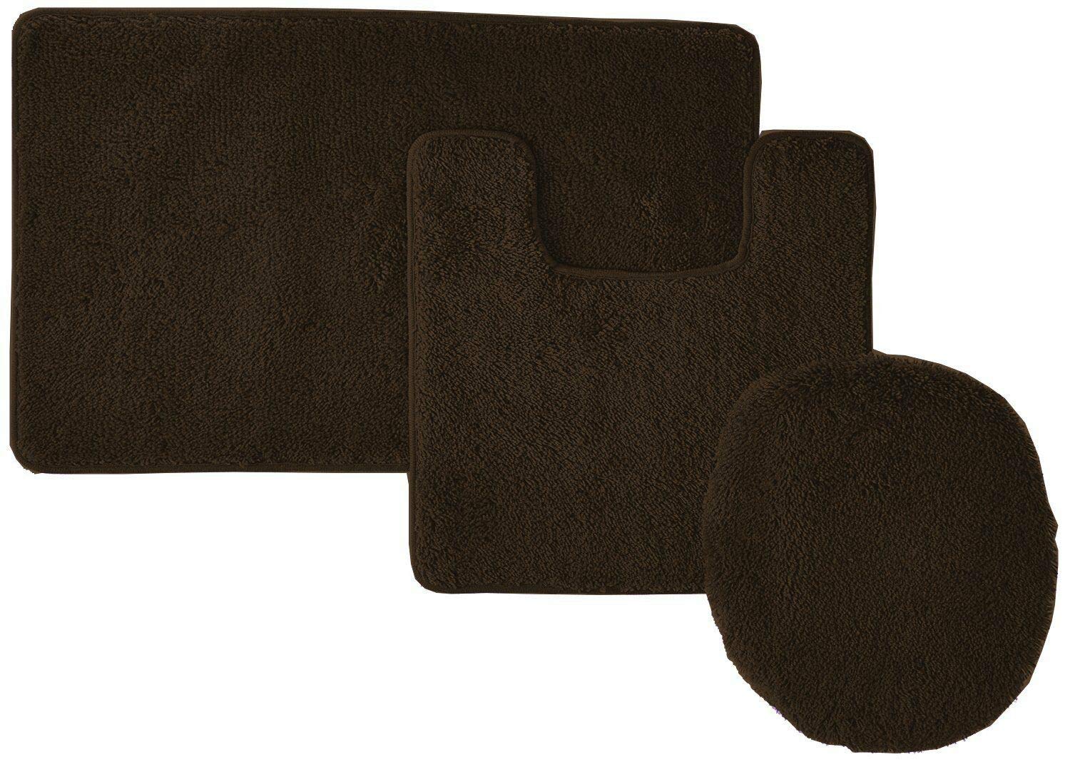 Empire Home 3 Piece Bathroom Set Solid Colors - Bath Mat + Contour Rug + Toilet Lid Cover- Soft Rug (Brown)