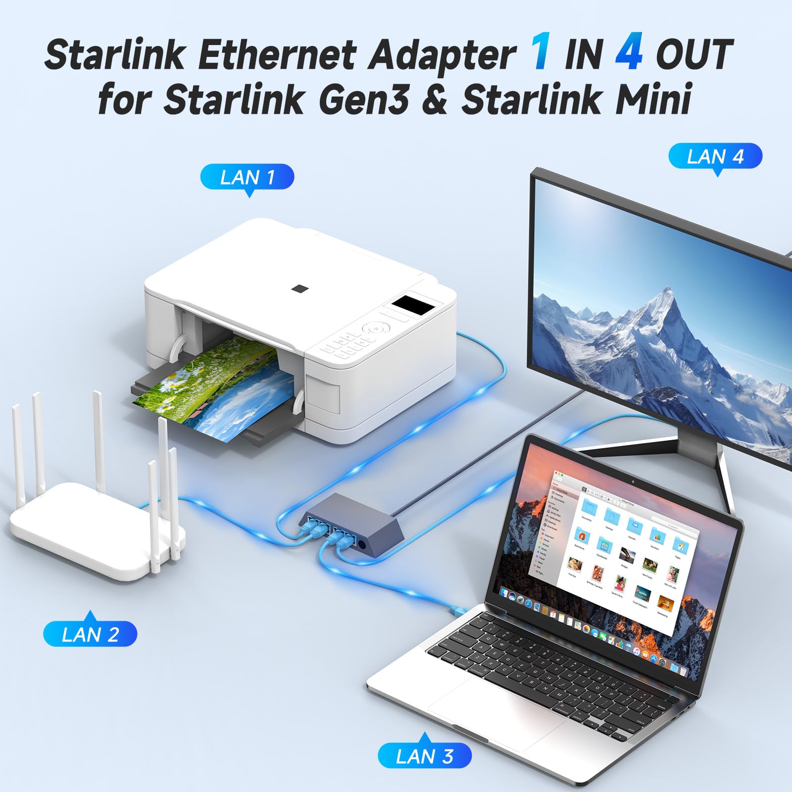 Starlik Ethernet, Starlik Gen3/ Mini 4 porte Gigabit Fast 4 dispositivi di rete simultaneamente WiFi Extender Hub | fino a 1 Gbps