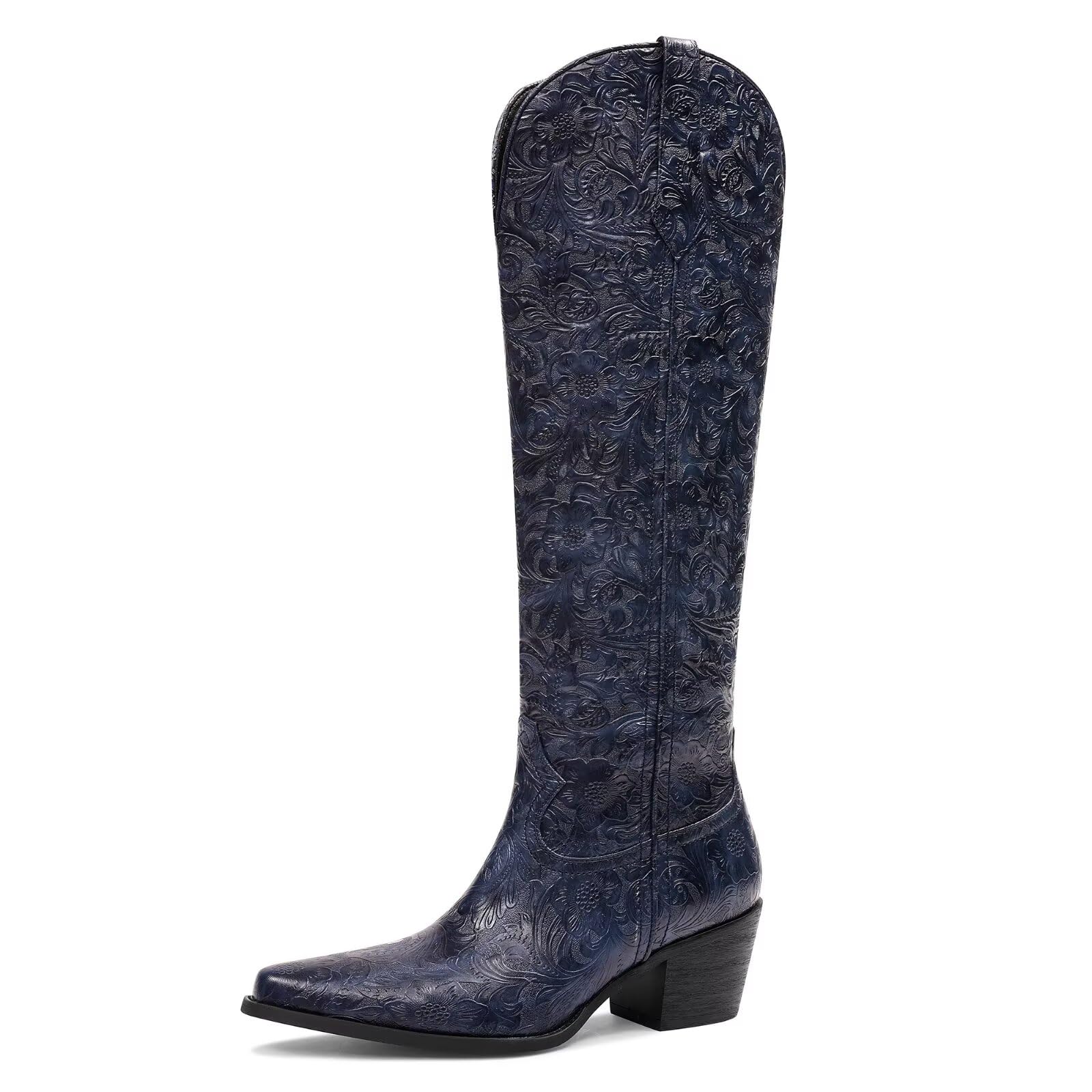 Womens Cowboy Boots Embossed Knee High Western Boots Pointed Toe Comfortable Chunky Heel Pull on Riding Cowgirl Boots