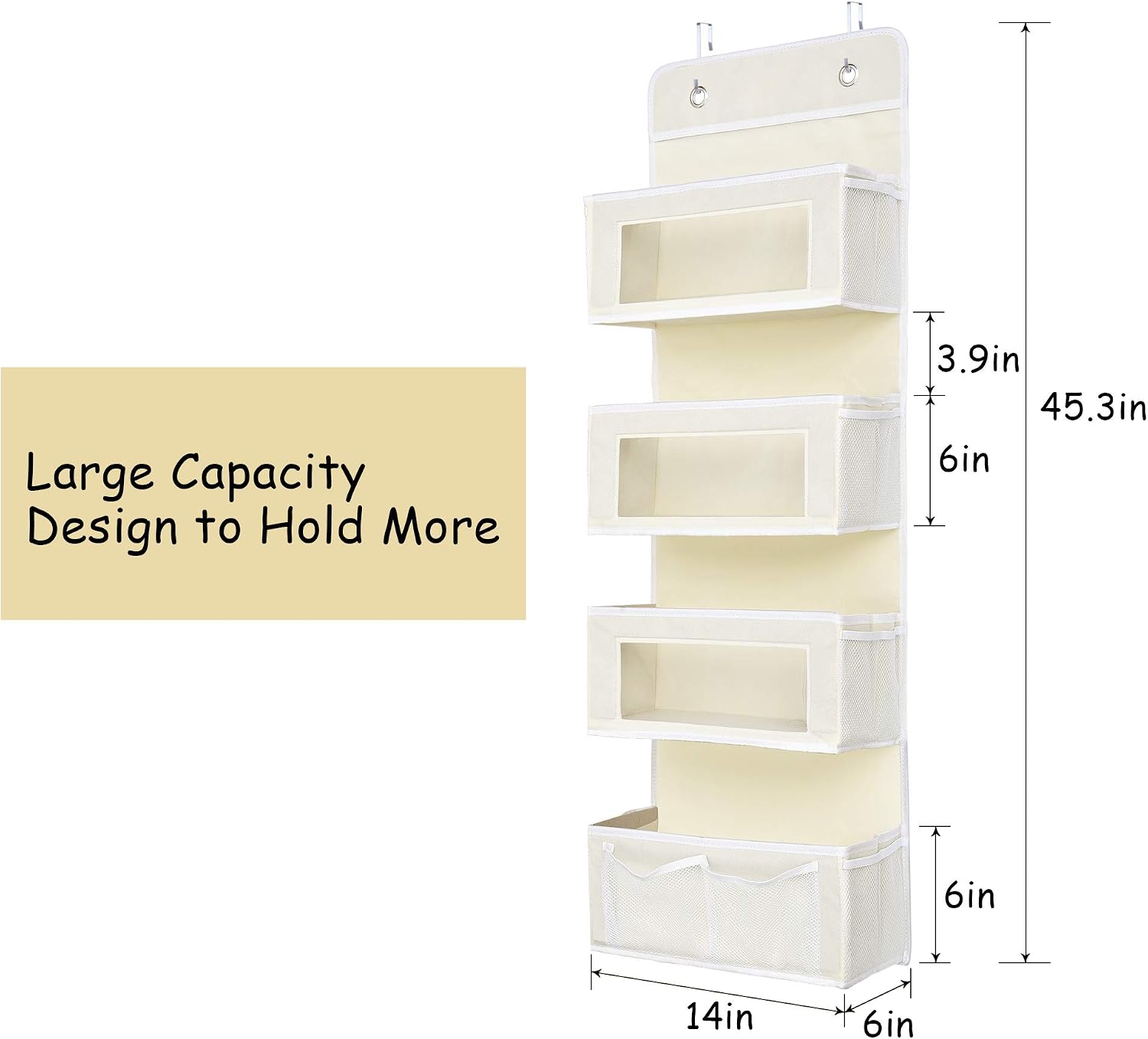 ULG Over The Door Hanging Organizer with 4 Spacious Pockets and 10 Mesh Pockets, Wall Mount Storage Organizer for Bedroom Nursery Pantry Closet Dorm, Beige