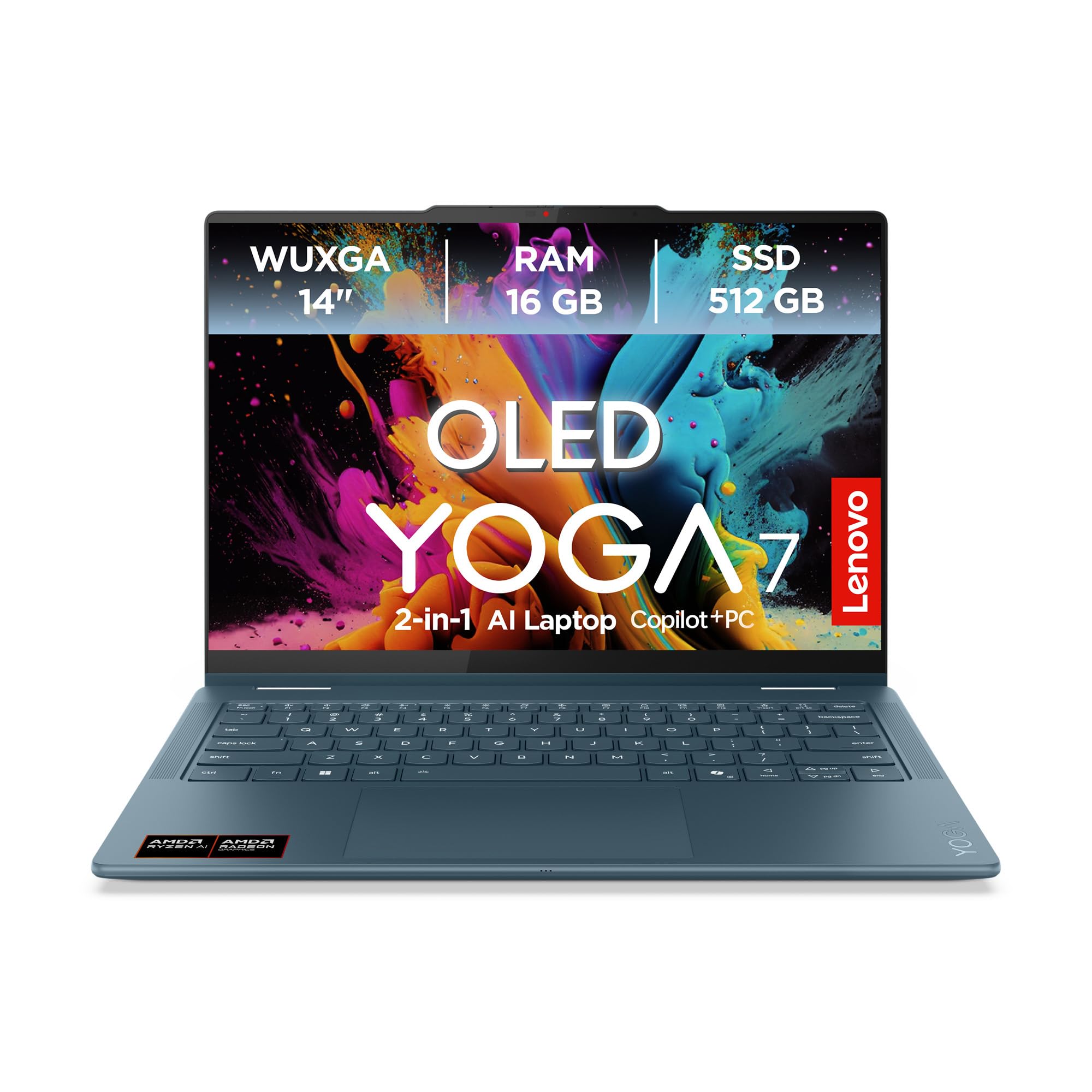 Lenovo Laptop Yoga 7 2 in 1 | Copilot+ PC | Display OLED WUXGA da 14" | AMD Ryzen AI 5 | grafica AMD Radeon | RAM da 16 GB | SSD da 512 GB | Win11 | QWERTZ | Tidal Teal | incl. penna | 3 mesi Premium