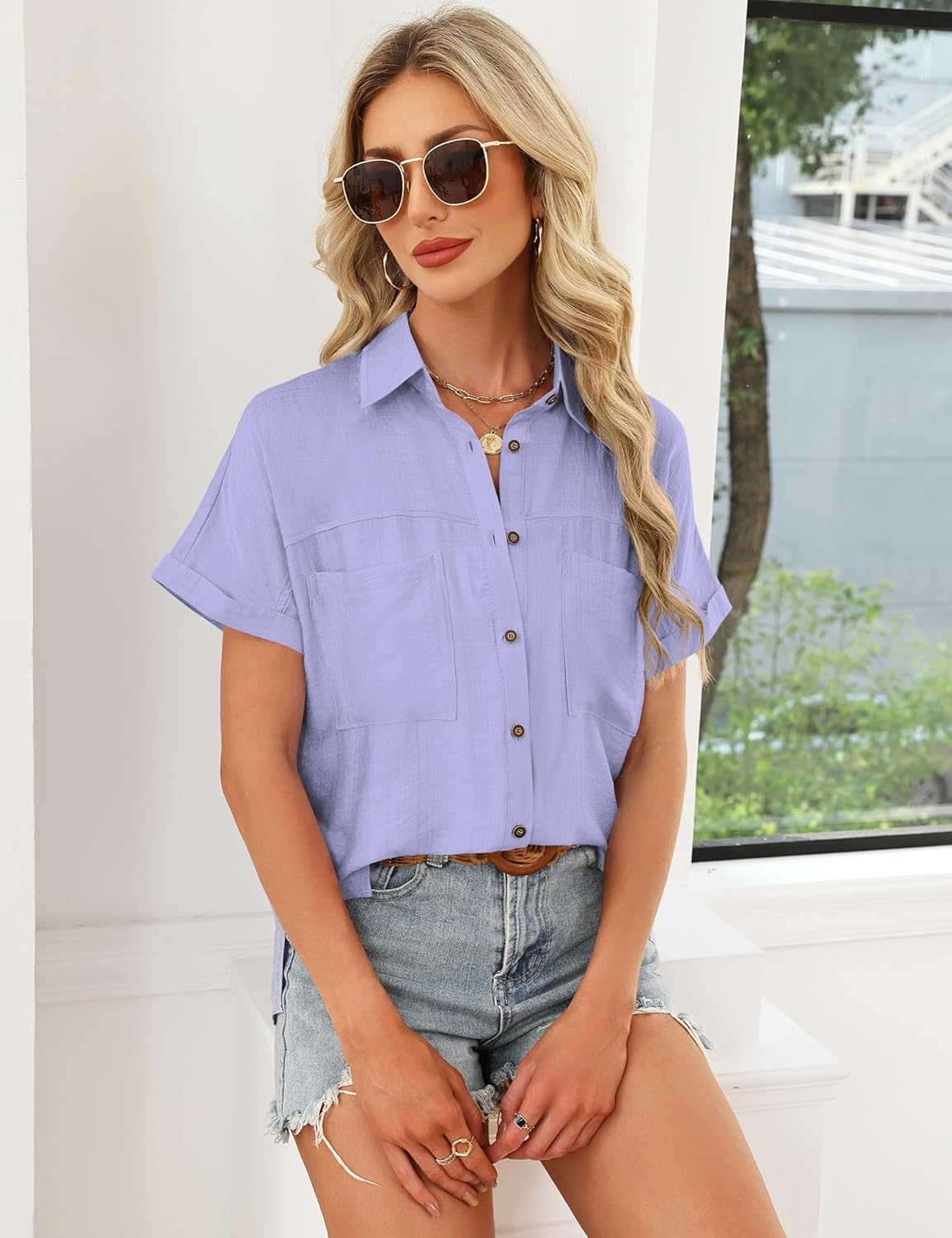 Button Down Shirt for Women Short Sleeve Blouses Dressy Casual Business Work Summer Vacation Tops Hawaii Shirts with Pockets - Image 4