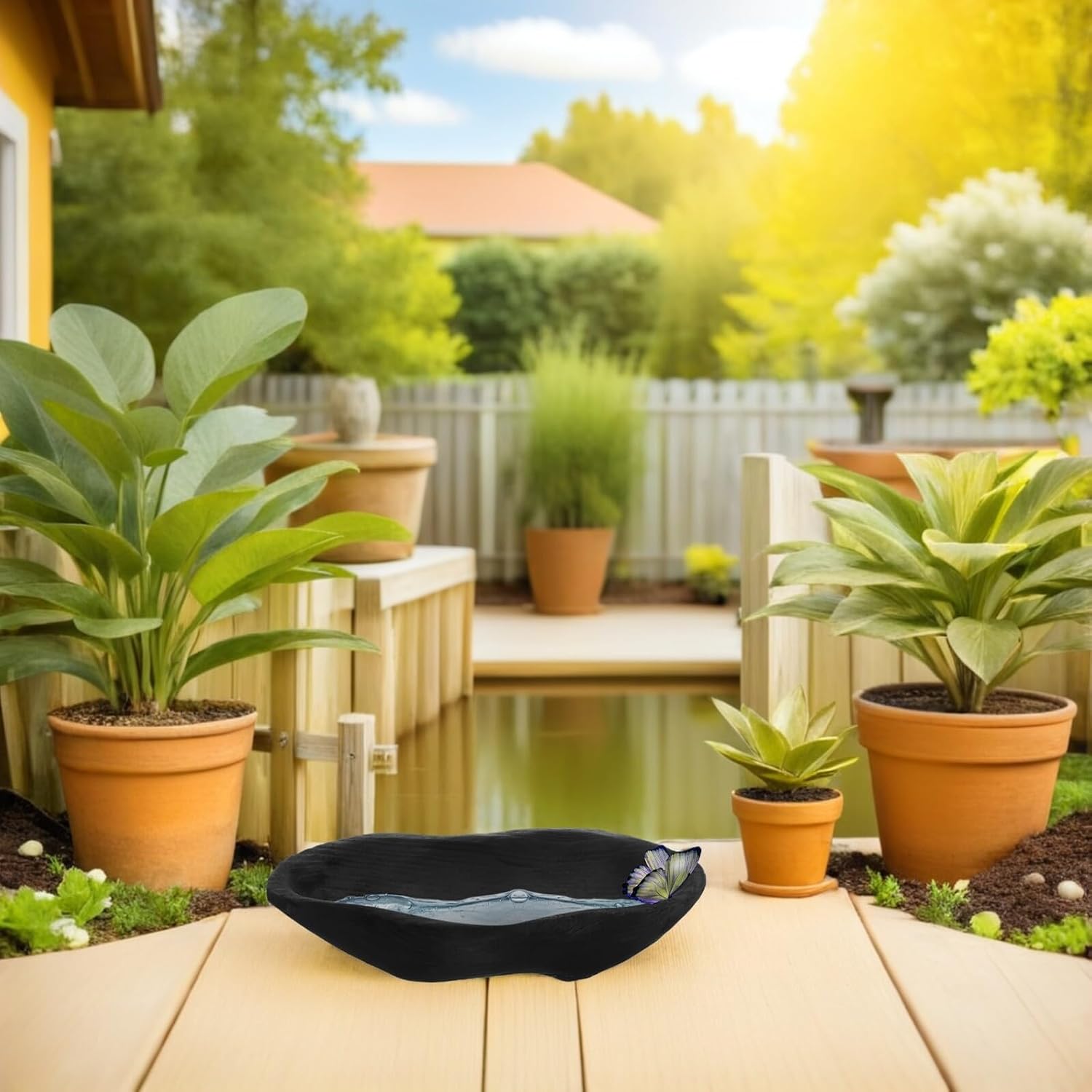 Rustic Wooden Hummingbird Water Bath and Butterfly Feeder Bowl, Large Black Paulownia Tray Outdoor Freestanding Birdbath for Garden, Patio, Balcony Wildlife Watering Station