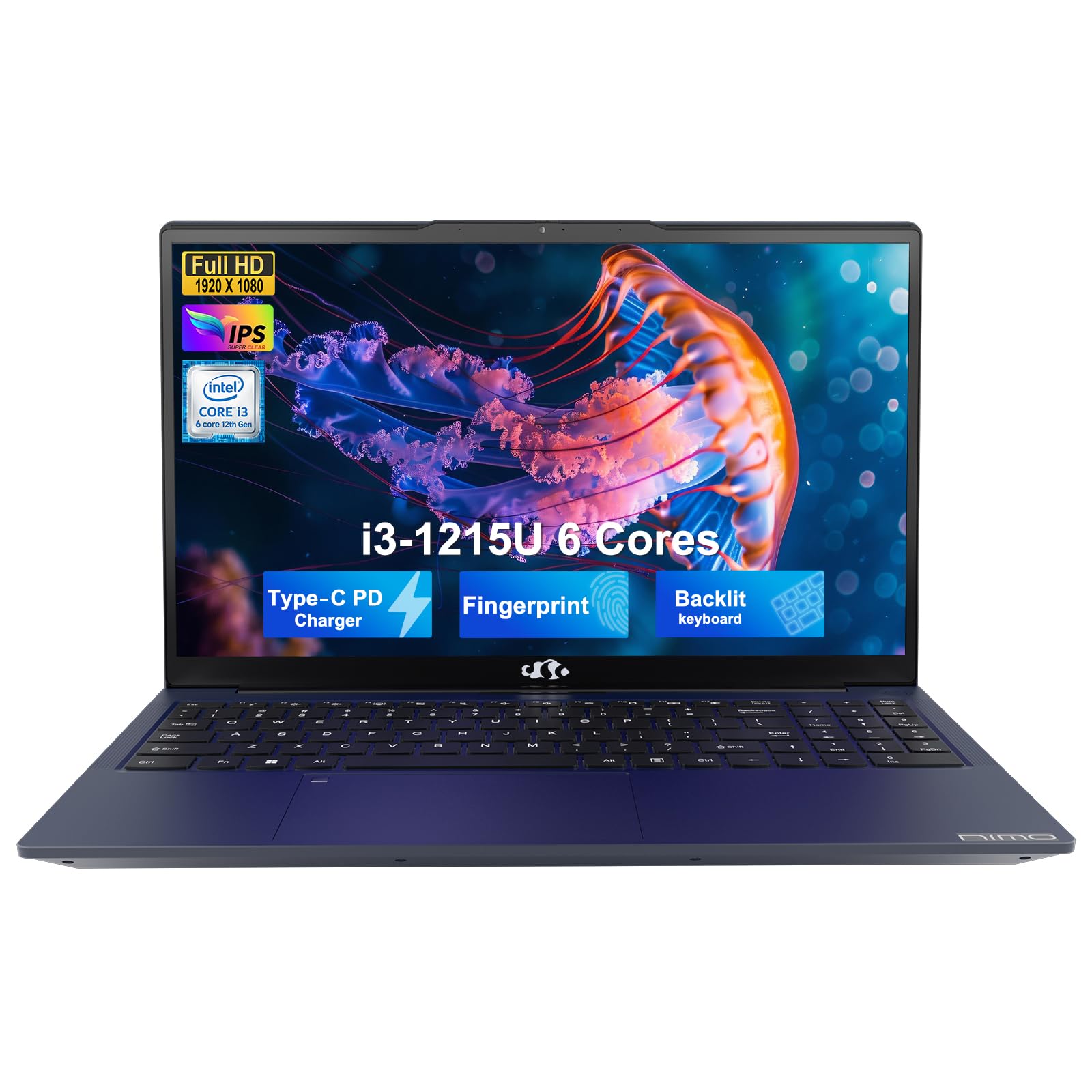 NIMO 15.6" FHD IPS Student-Laptop-Computer - Intel Core i3-1215U(Beat i5-1135G7, 6 Cores Up to 4.4GHz), 8GB RAM 256GB SSD, 65W Type-C, 2 Years Warranty, Fingerprint, Backlit Keyboard, Wi-Fi 6, BT5.2