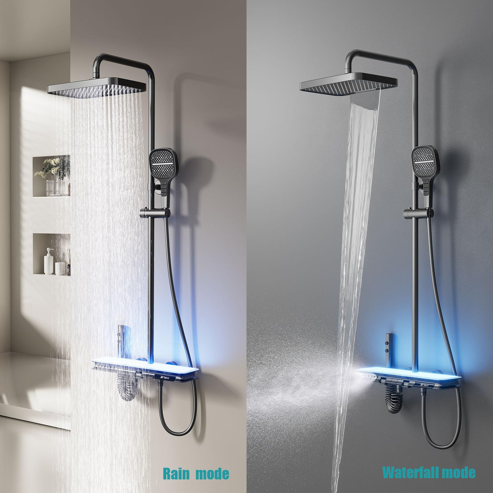 BEITH Sistema de Ducha Termostático, Moderno Lujoso 6 Funciones Columna de Ducha con Masaje Corporal, Lluvia, Cascada Cuadrado Set De Ducha con Grifo, Teclas del Piano, Pantalla Digital, Altura Fija