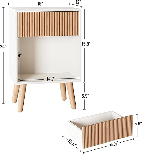 Miniatura 2 de Mesita de noche acanalada, moderna mesita de noche con cajones de almacenamiento y estante de madera abierta, mesita de noche con patas de madera