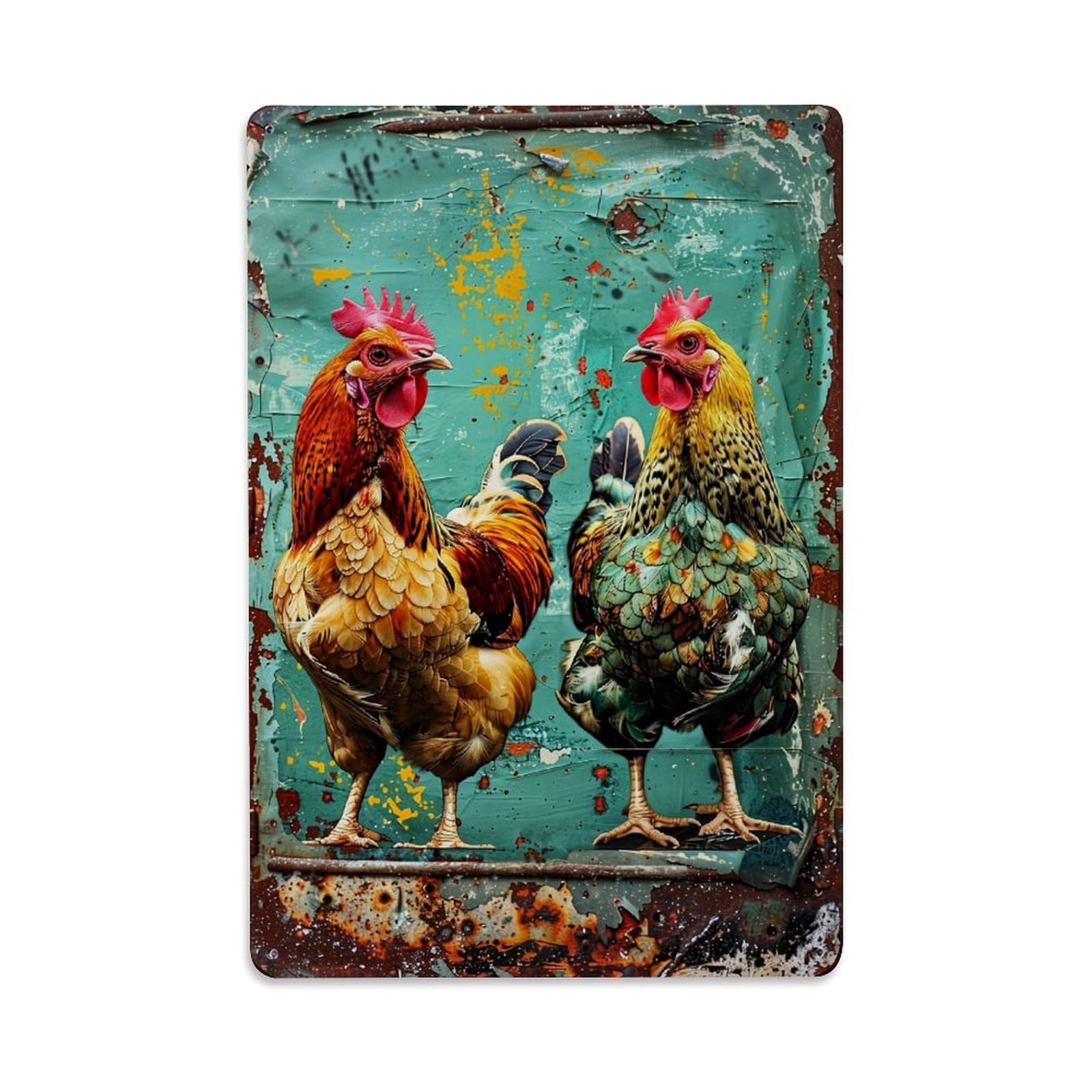 Nestemfo Vintage Two Colorful Roosters On Rusty Background Tin Sign Metal Sign, Living Room,Bar, Home, Bedroom Wall Decor,Retro Metal Poster 8X12 Inches
