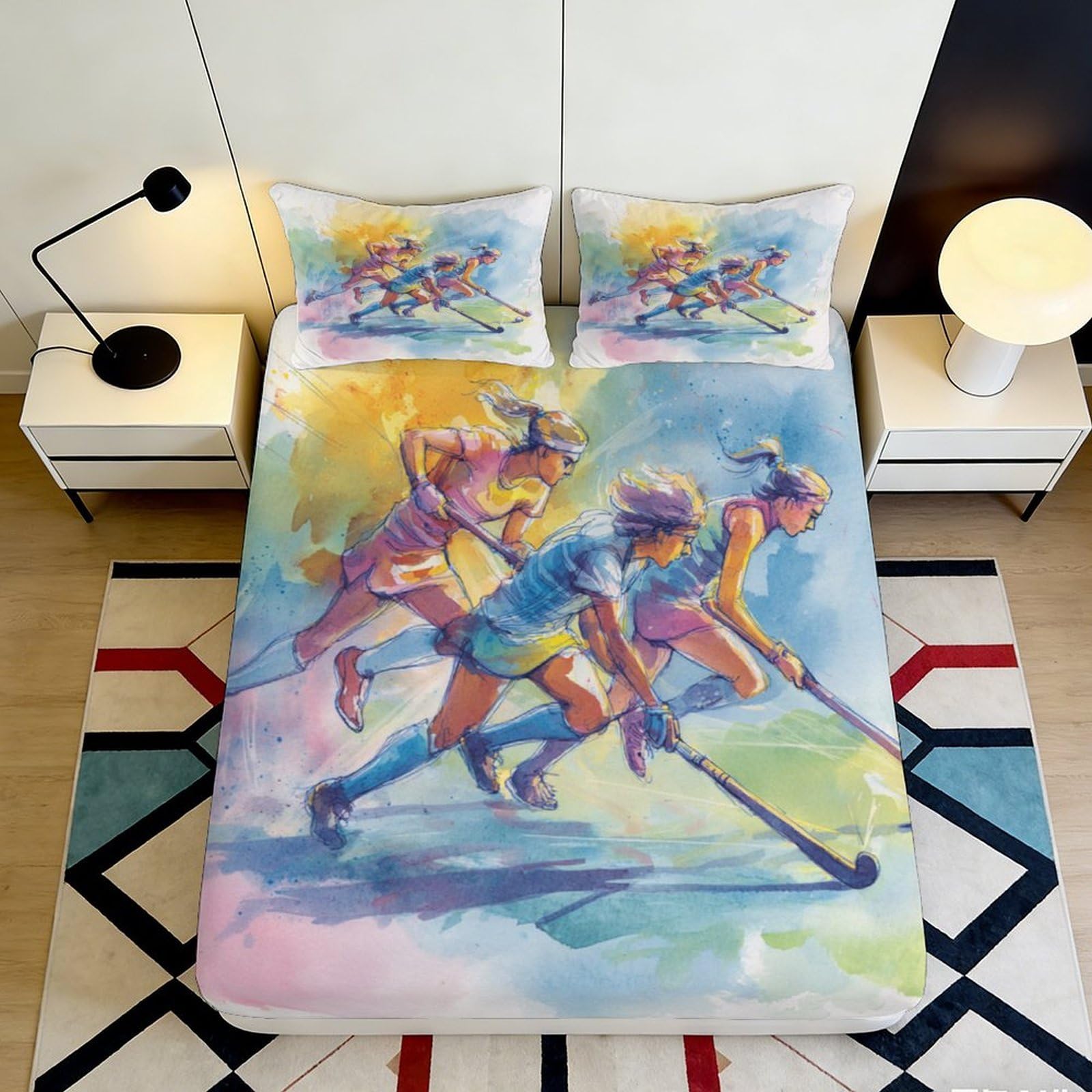 3D Printed Hockey Players Fitted Sheet Microfiber Colourful Sports Art Mattress Cover for Bedroom Dorm Decor 90x200x25cm