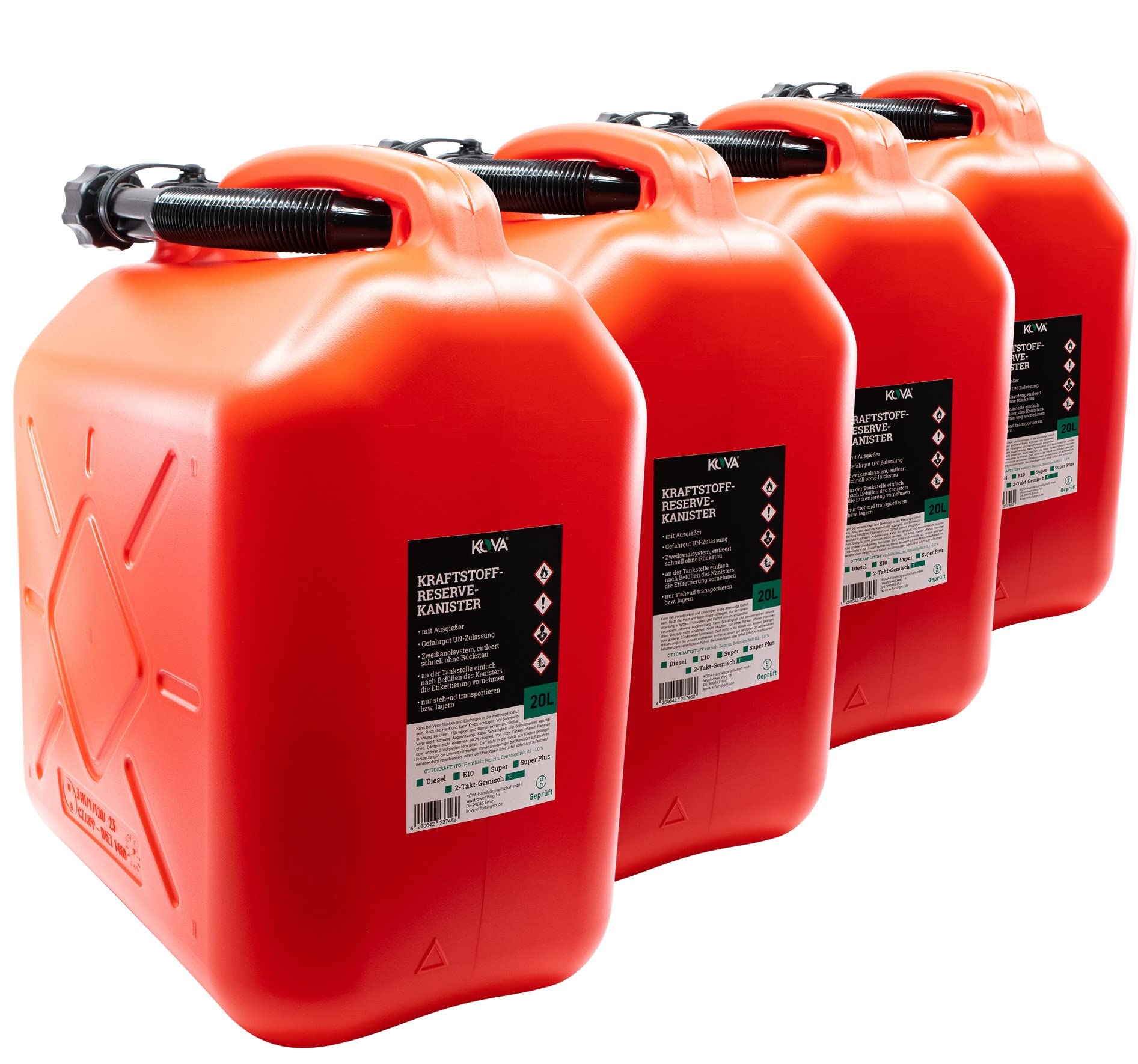 KOVA 4x Benzinkanister 20L ROT Kunststoff Dieselkanister Reservekanister Kraftstoffkanister 20 Liter Wasserkanister für Benzin Diesel Wasser AdBlue, 20-Liter-Kanister & Außgießer 20 ltr Petrol Can