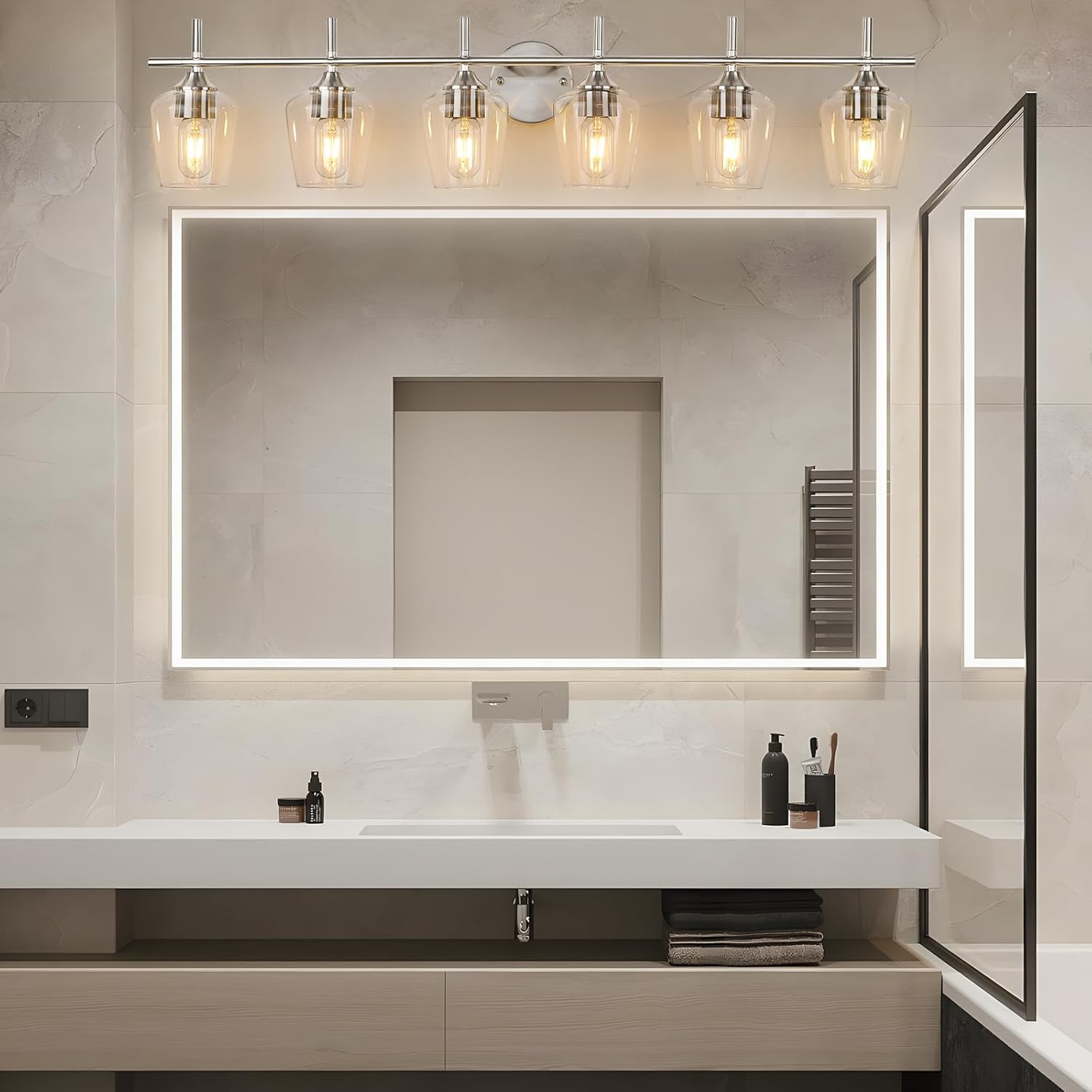 Bathroom Vanity Light Fixtures, Bathroom 6-Lights Over Mirror Modern Vanity Lighting with Clear Wine Glass Shade Wall Lamp for Bedroom Hallway Living Room (Nickel, 6-Light)
