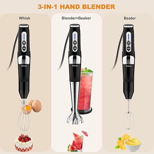 Miniatura 2 de Batidora de mano de inmersión 3 en 1 3 ángulos ajustables con control variable de 21 velocidades, potente batidora de mano eléctrica para batidos