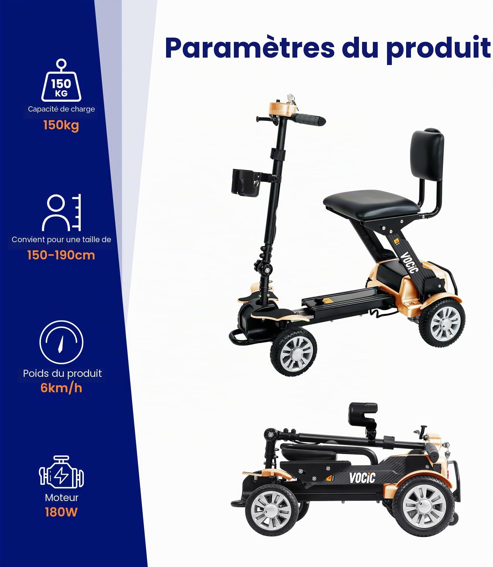 VOCIC D71carbone Scooter de mobilité électrique Pliable Leger(21KG), 20KM | Carbone Scooter électrique BIS 150KG pour Senior avec Cadres réglables en Longueur,Transportable en Avion (Orange)