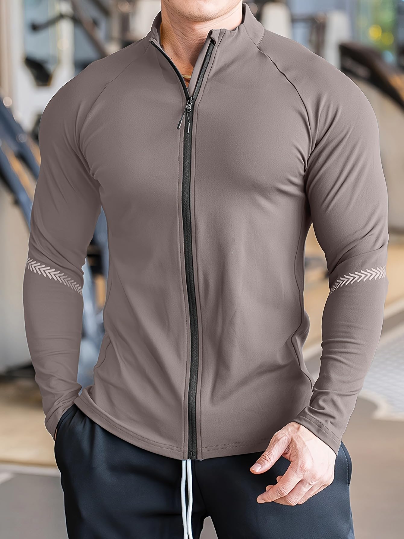 Sudadera con cremallera completa para hombre, manga larga, ligera, elástica, con estampado reflectante en los brazos, para entrenamiento — view 6