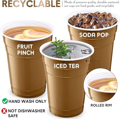 Miniatura 3 de Dandat Paquete de 200 vasos dorados de plástico para fiestas navideñas a granel de 18 onzas, desechables, resistentes, para vacaciones, Navidad, Año