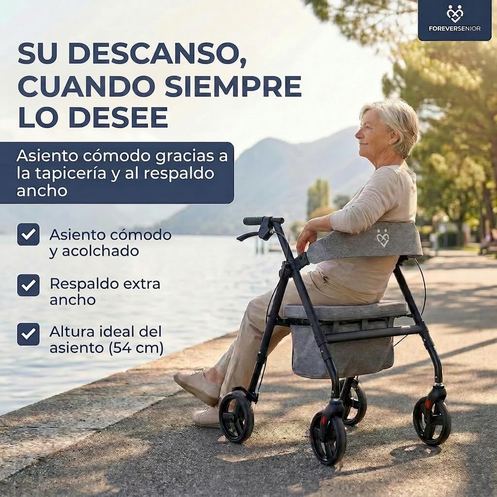 Andador Plegable y Ligero de 9 kg con Asiento – Rollator para Ancianos con Estructura de Acero, Bolsa y Respaldo Acolchado – Andador Estrecho para Interior y Exterior
