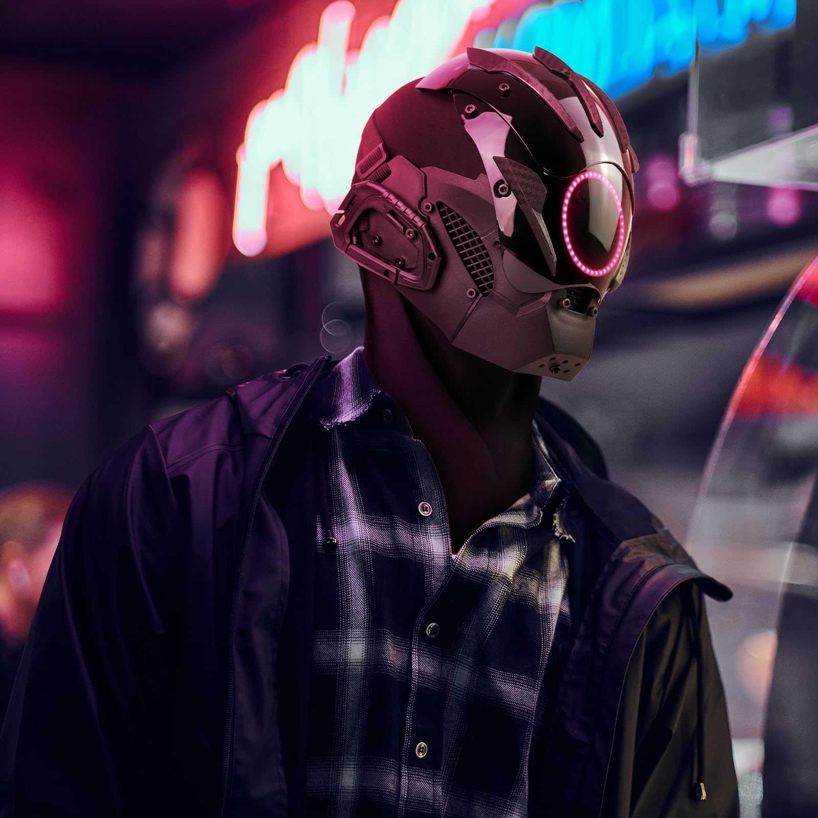 Maschera punk a LED da uomo, con cinturino regolabile, fosforescente, semi-casco, per DJ e rave, per feste, festival e cosplay