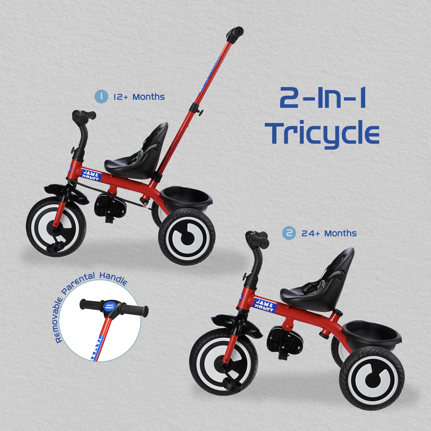 Amazon Brand - Jam & Honey Tricycle for Kids | Seatblet, Parental Handle, & Storage Basket | ISI & BIS-Compliant | for Boys and Girls 2 to 4 Years | 73 x 46 x 90 cm | Red - Image 5 thumbnail