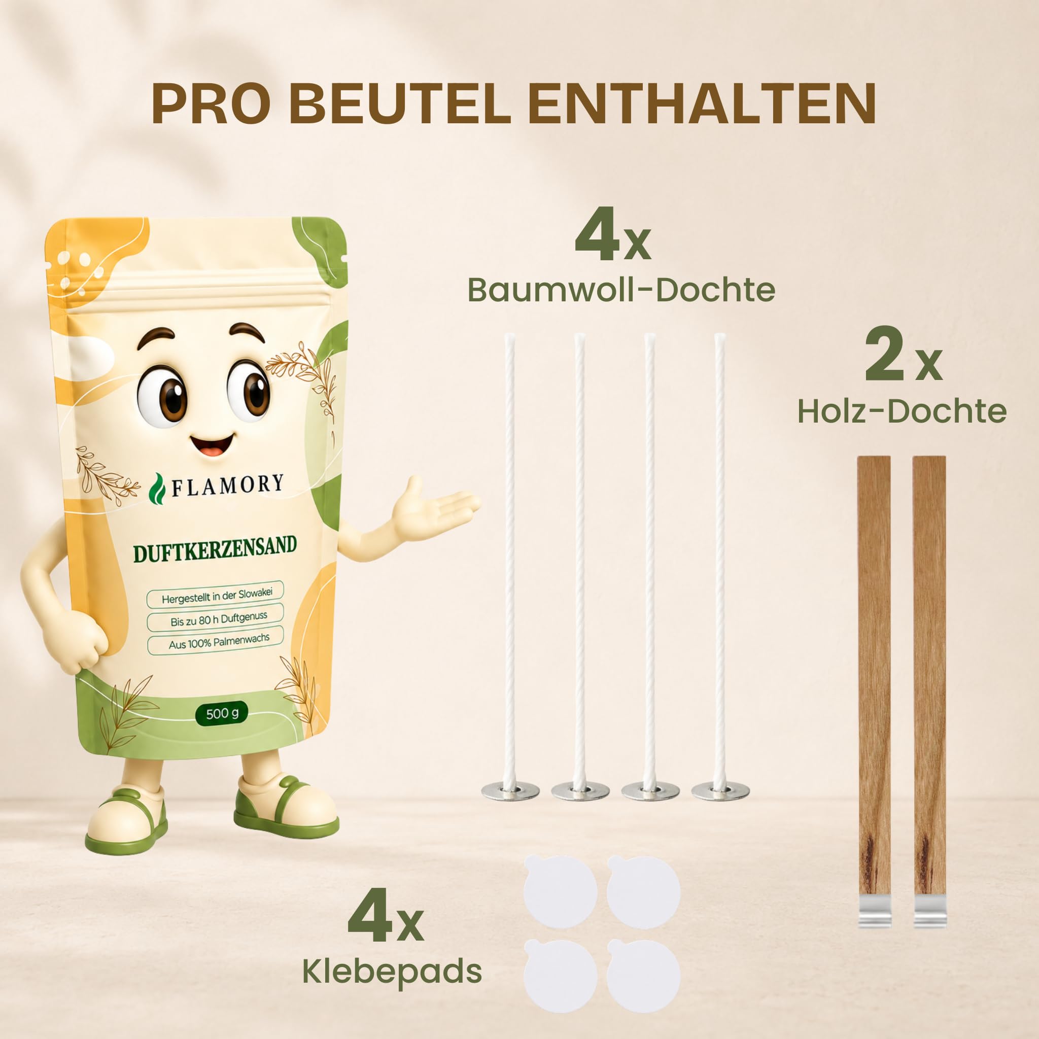 Kerzensand mit Duft 500g (Sandelholz) – Duftkerzensand – 6 Dochte inklusive – 100% Pflanzenwachs, rußarm, ohne Paraffin – bis 80 Std. Brenndauer – Candle Sand – Kerzensand mit Docht