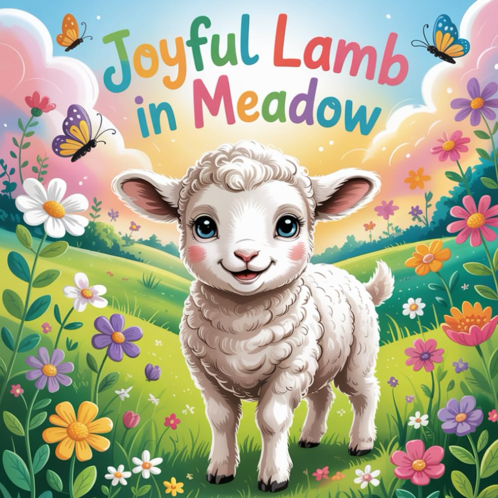 Joyful Lamb in Meadow: cute lamb coloring book for kids, baby animals in meadows, meadow and butterfly designs for kids coloring, baby lamb coloring .