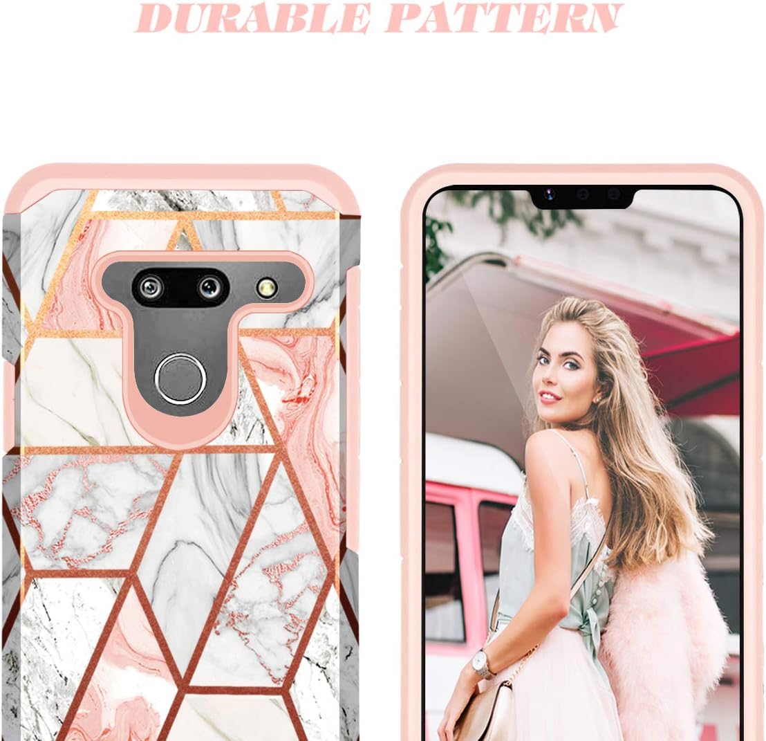 Fingic Compatible with LG G8 ThinQ Case Rose Gold Marble Design Shiny Glitter Bumper Hybrid Hard PC Soft Rubber Silicone Cover Anti-Scratch Shockproof Protective Case 6.1 inch 2019, Rose Gold