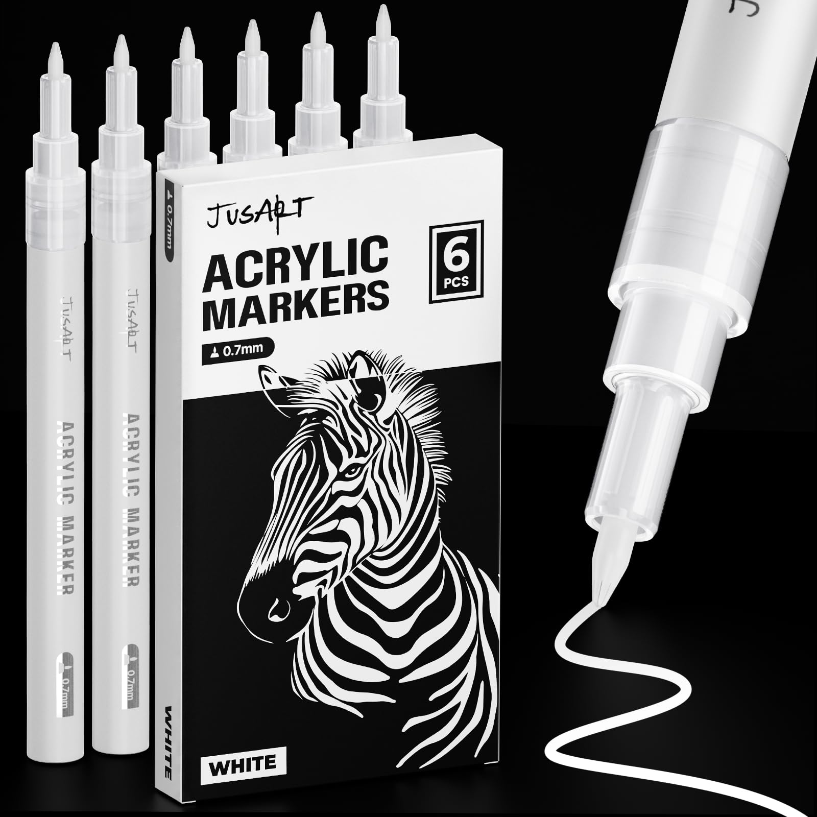 JusArt 6 białych akrylowych markerów, 0,7 mm, do malowania skalnego, projektów artystycznych, ceramiki, szkła, drewna, metalu, tkaniny, DIY, idealny biały marker permanentny do materiałów