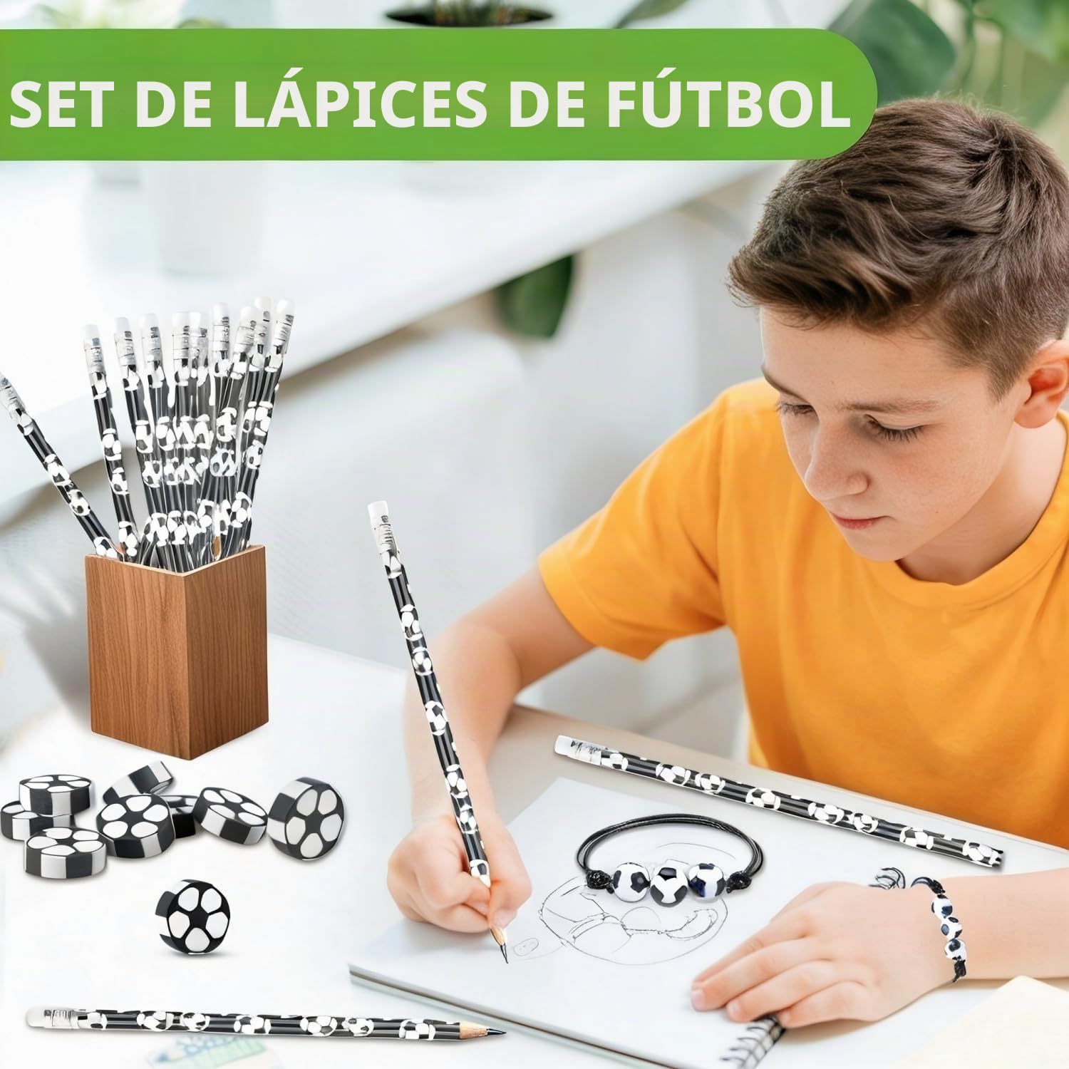 Juego de 36 obsequios de fútbol, 12 lápices, 12 gomas de borrar, 12 pulseras, regalos para la escuela, temas de fútbol, cumpleaños infantiles
