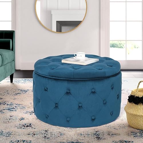 Miniatura 5 de Homebeez Otomana redonda de terciopelo para almacenamiento, reposapiés con botones copetudos, mesa de centro para sala de estar, 24.8 pulgadas de