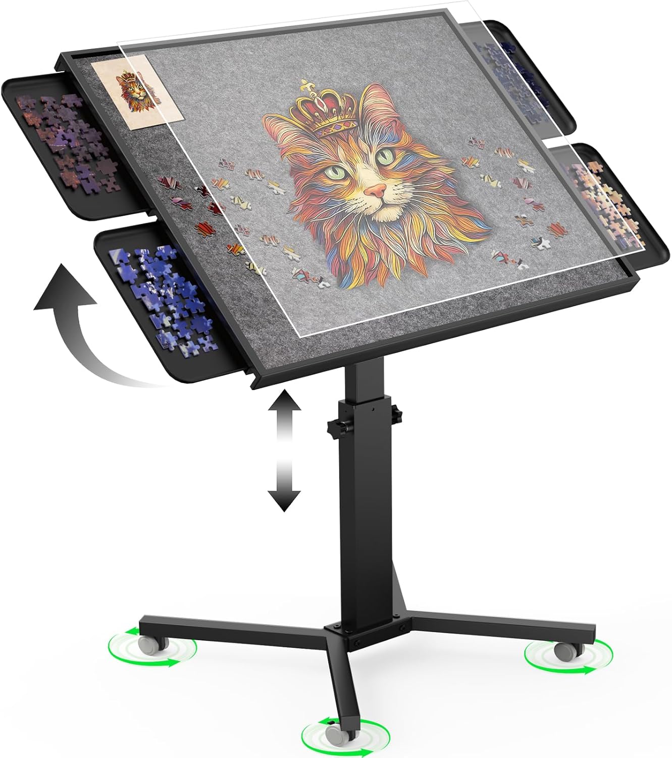 1500 Piece Jigsaw Puzzle Table with Legs, 35.43"x27.87" Metal Puzzle Tables for Adult (Stability Tested & Ergonomic), Adjustable Height & Tilt Angle, Wooden Puzzle Board with 4 Drawers & Cover