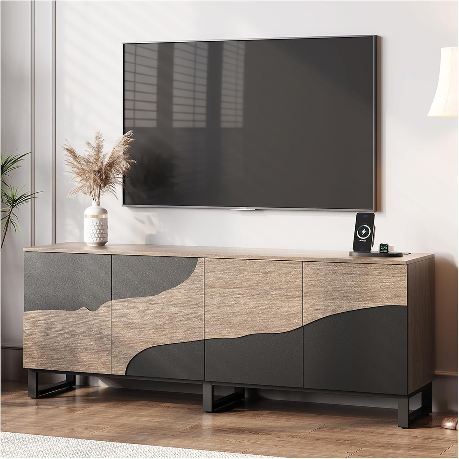 70" TV Stand with Power Outlet, Black Large TV Stands for 75 Inch TV, Entertainment Center TV Cabinet with Storage and Adjustable Shelf, Live Edge TV Console Table for Bedroom Living Room