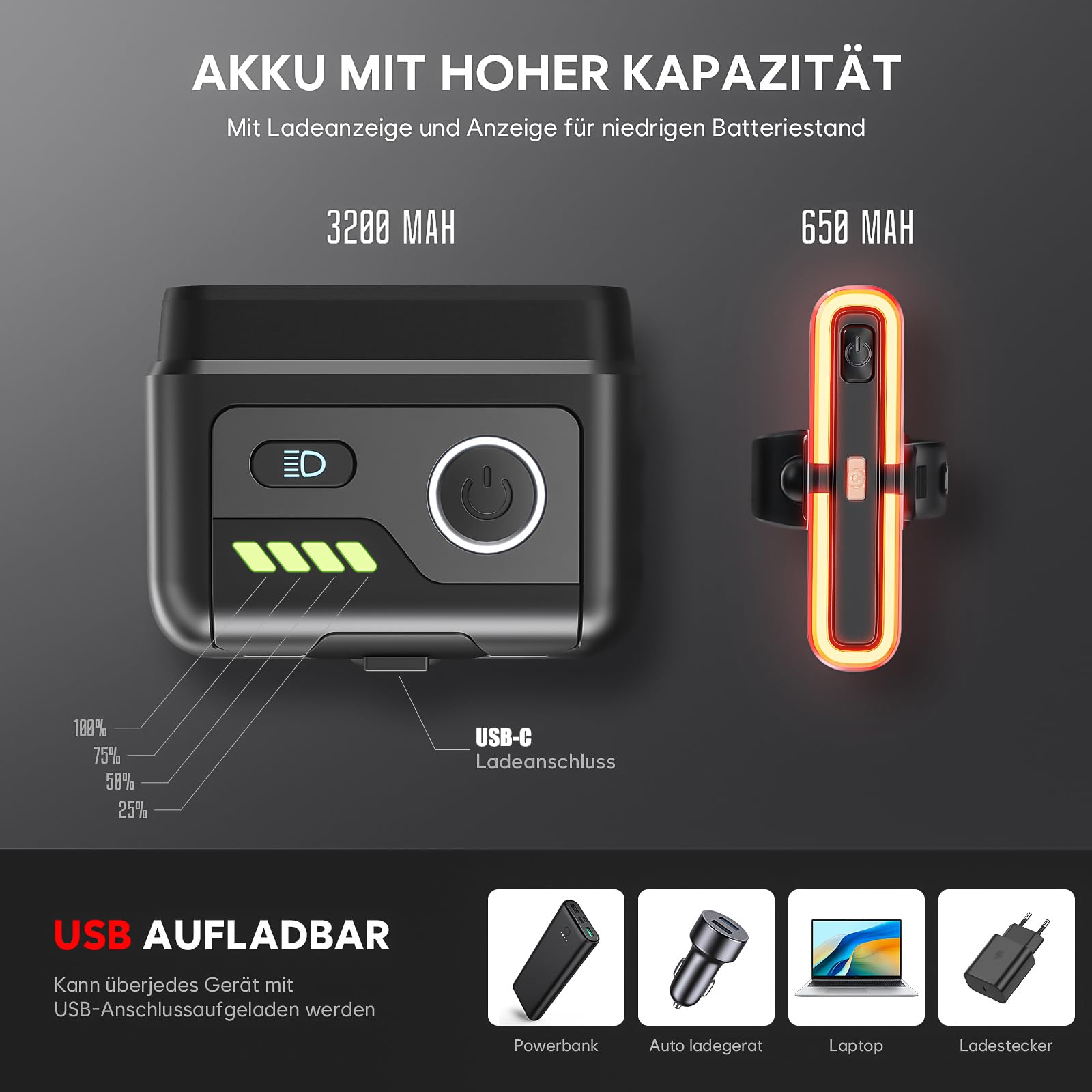 Fahrradlicht Set 100LUX, Fahrradrücklicht Mit Bremsfernlichtfunktion, Aufladbar Fahrradlampe mit 3200mAh Akku, StVZO zugelassen, IPX5 Wasserdicht Frontlicht & Rücklicht Set für Fahrrad MTB Ebike
