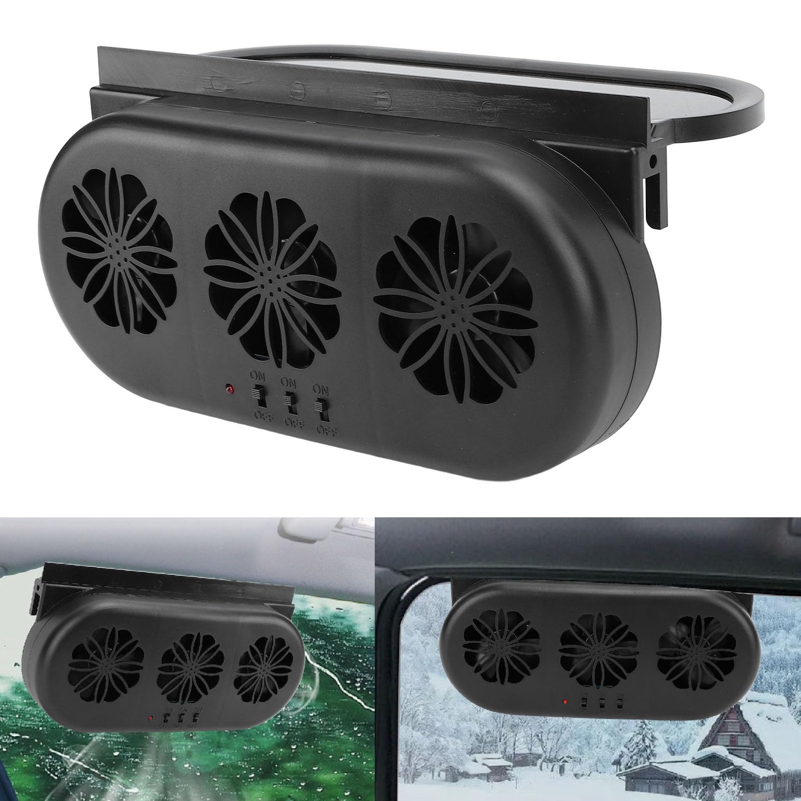 Solar Powered Car Ventilator, Solar Power Car Exhaust Fan with Three Air Outlet, Air Vent Radiator Car Window Solar Cooling Vent Exhaust Cooler Ventilation (Black)