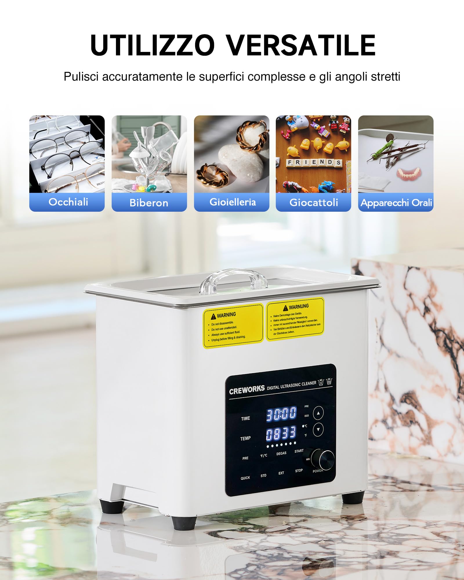 CREWORKS 3L Pulitore Ultrasuoni Digitale 120W Vasca Ultrasuoni con Modalità Degas e 7 Livelli di Oscillazione 3 Modalità 100W Riscaldatore e Timer per Orologi Occhiali Uso Domestico