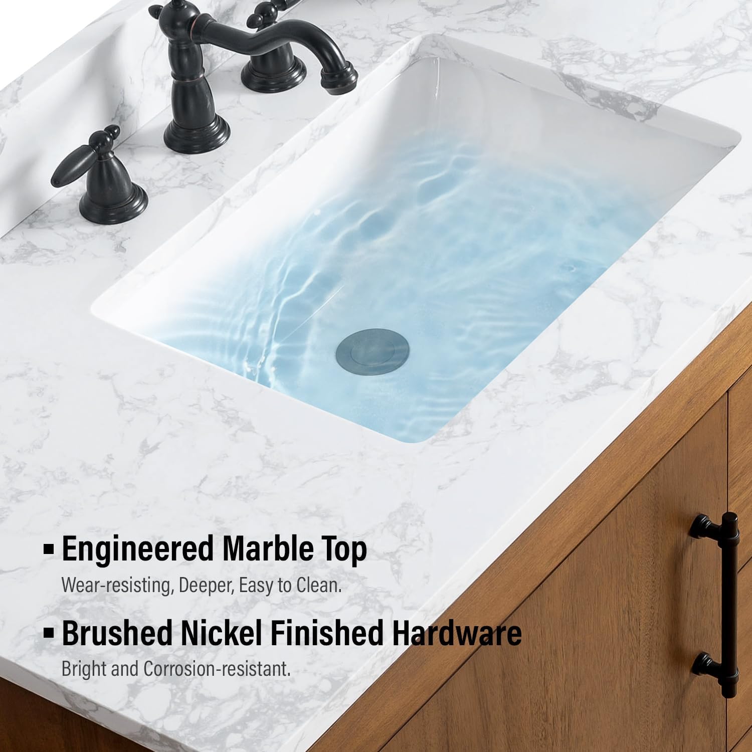 Vanity Art 42 inch Bathroom Vanity with Single Sink, Modern Wood Bath Vanity with Carrara Marble Top, Vanity Cabinet with Doors， Removable Shelf, Solid Wood Frame, Ceramic Sink, Tan, VA7042E