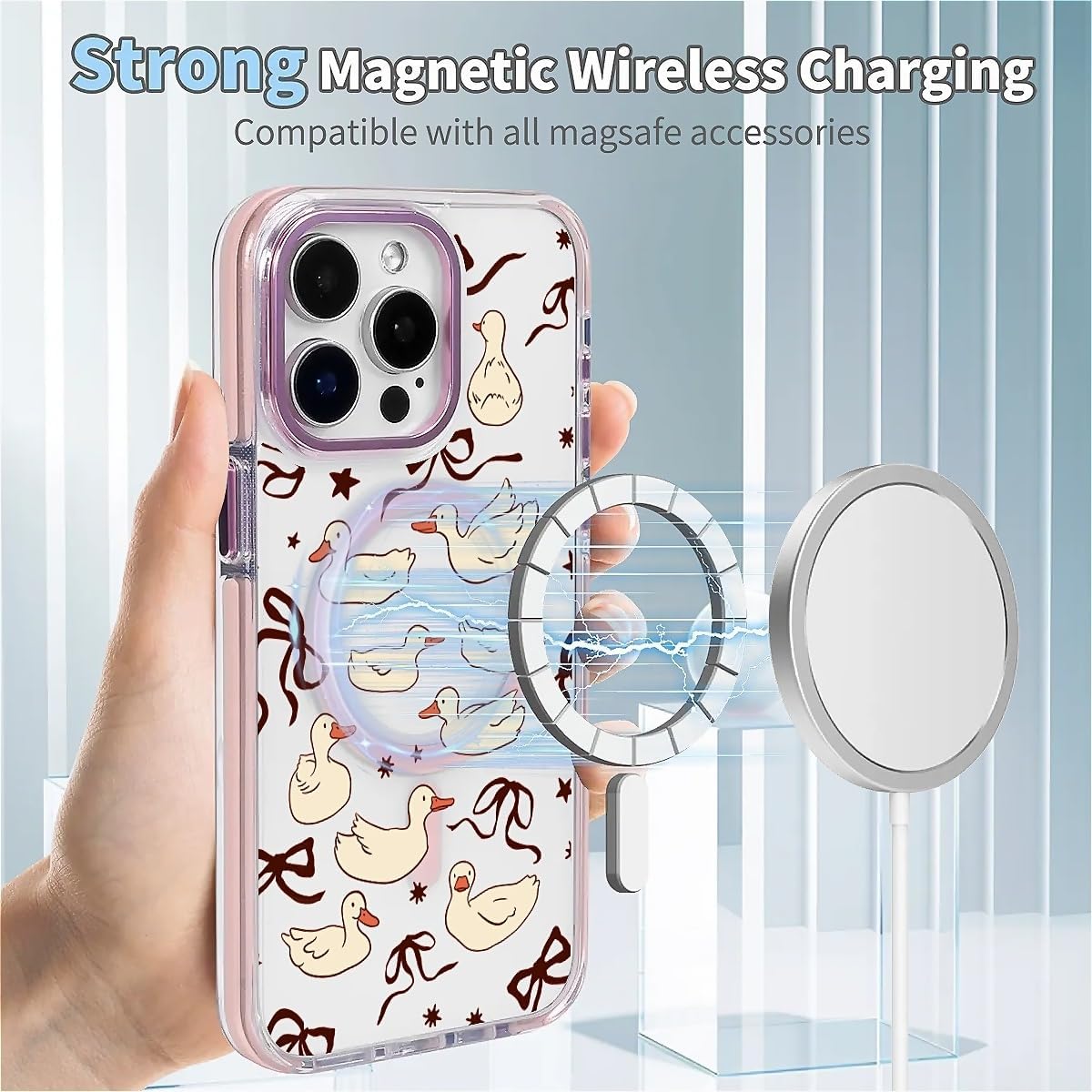 for iPhone 13/14 Case for MagSafe, Clear Pink with Design Drop Proof Rugged Magnetic Charge Shockproof for iPhone 13/14 Beige River Duckling image 5
