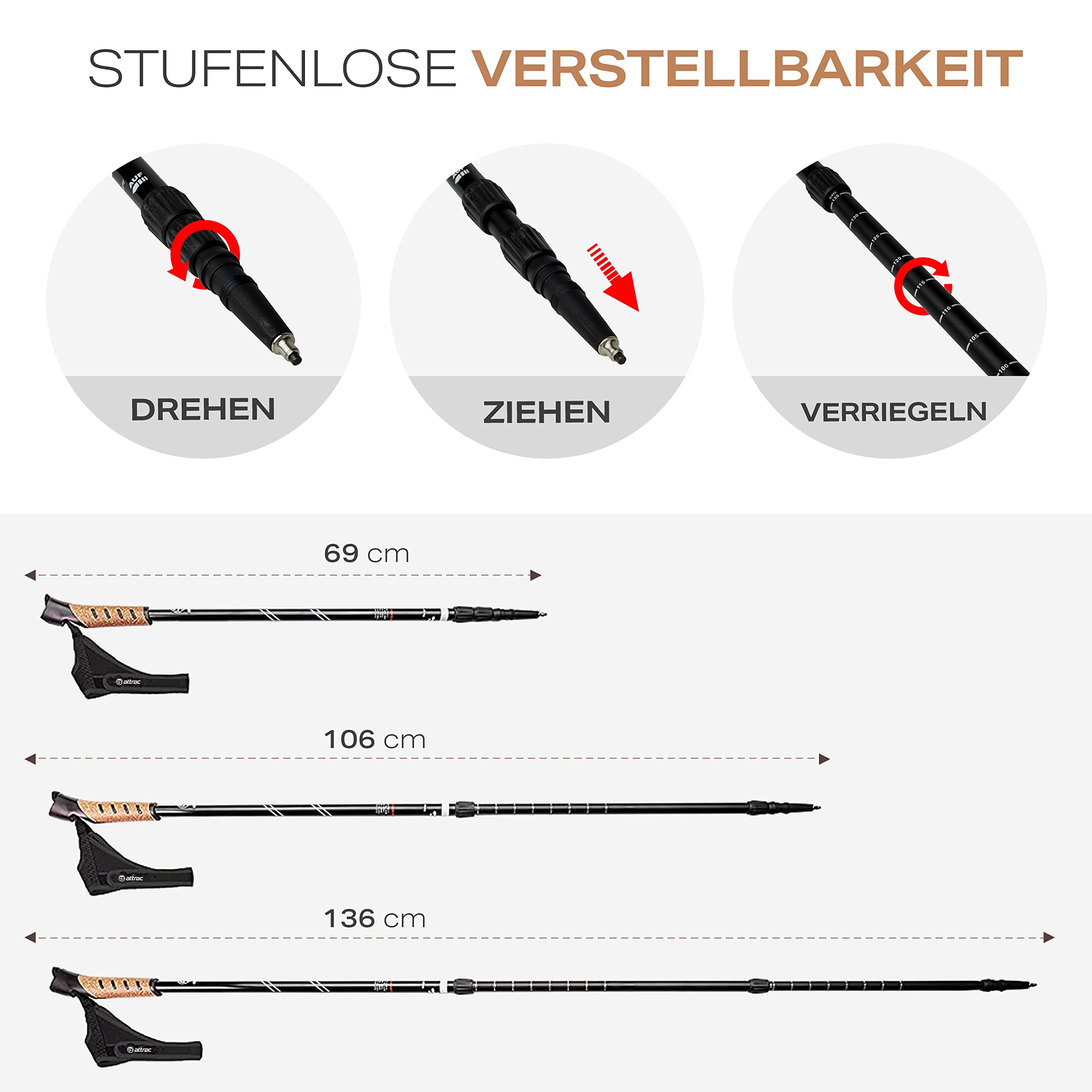 Attrac Nordic Walking Classic Wanderstöcke 69-136cm versch. Farben - Trekkingstöcke Aluminium Stöcke mit Anti-Shock Dämpfung - Teleskop verstellbar und leicht mit Workout und App I Opt. Tragetasche