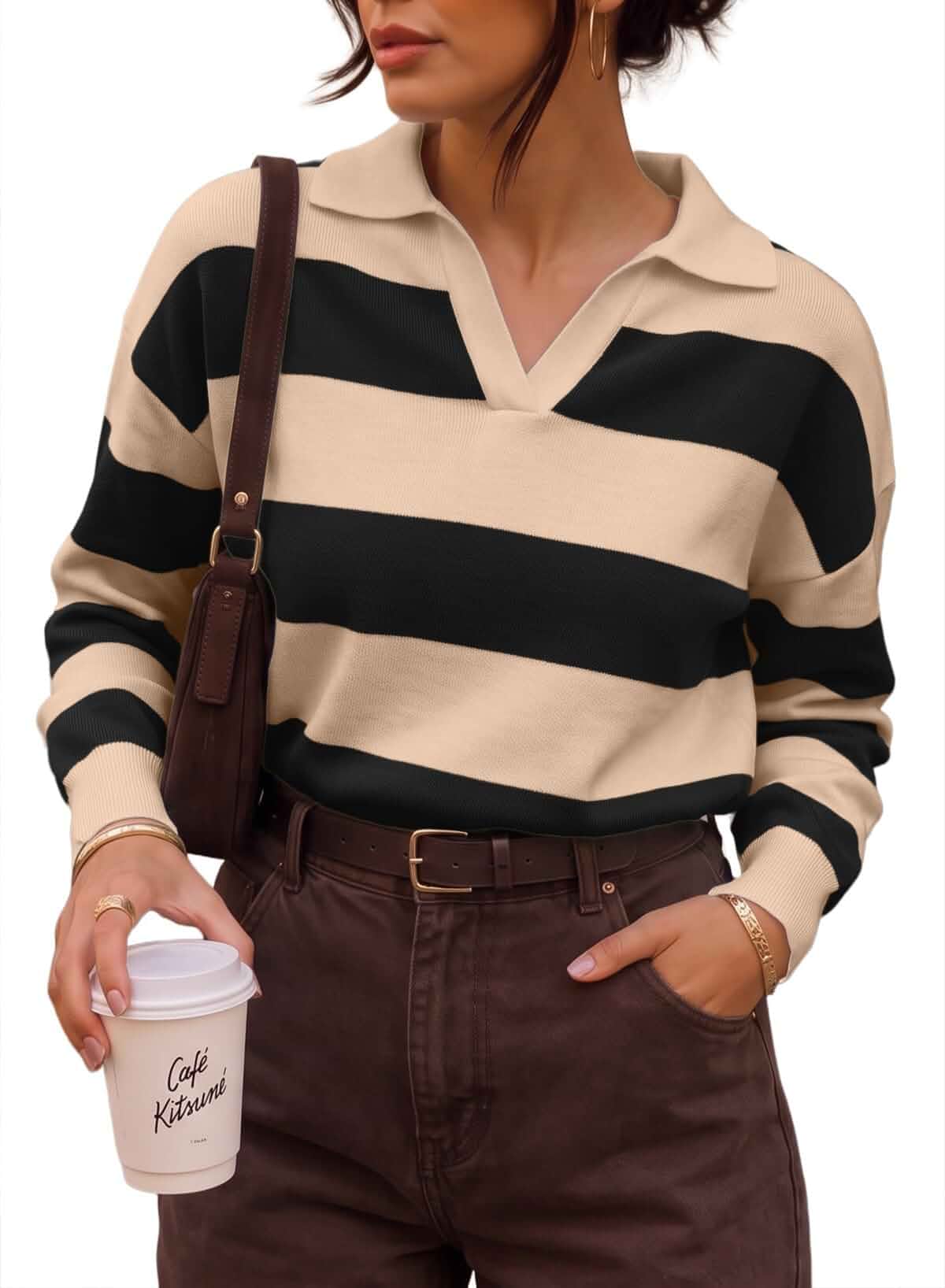 SHEWIN Striped Polo Sweaters for Women Oversized Knit Pullover Rugby,Preppy,Color Block,Drop Shoulder,Teacher Outfit,Black to School Clothes,Casual,2026 Fall Fashion,Loose,Trendy Clothes