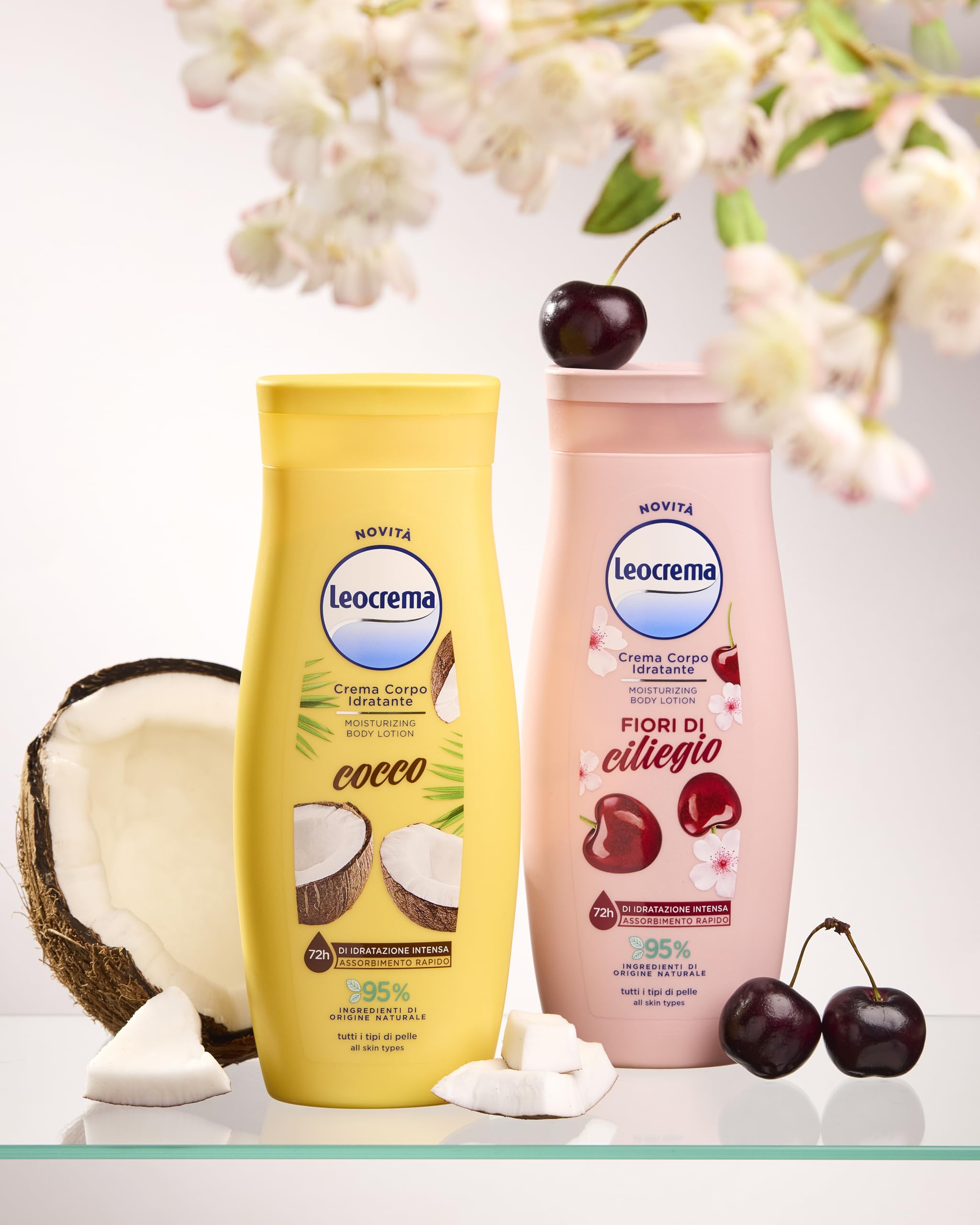 Leocrema, Crema Corpo Idratante al Cocco, Texture Leggera e Fluida per Tutti i Tipi di Pelle, 72H di Idratazione, 95% Ingredienti di Origine Naturale, 250ml