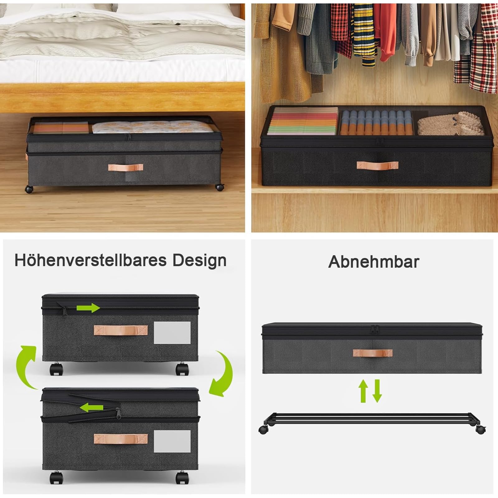 Lot de 2 boîtes de rangement sous le lit avec roulettes et couvercle, cadre en métal, pliable, pour vêtements, chaussures, couvertures, linge de lit