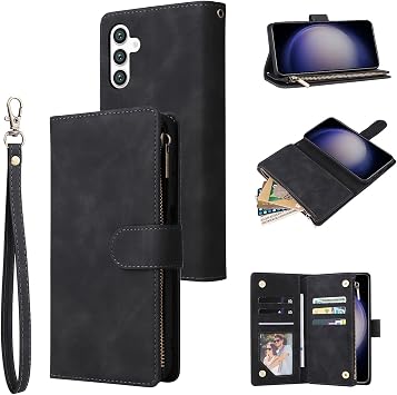 UEEBAI Wallet Case for Samsung Galaxy A55 5G, PU Leather Wallet Magnetic Closure Handbag Zipper Pocket Cover Kickstand Card Slots with Hand Strap Marple Flip Case for Women - Black
