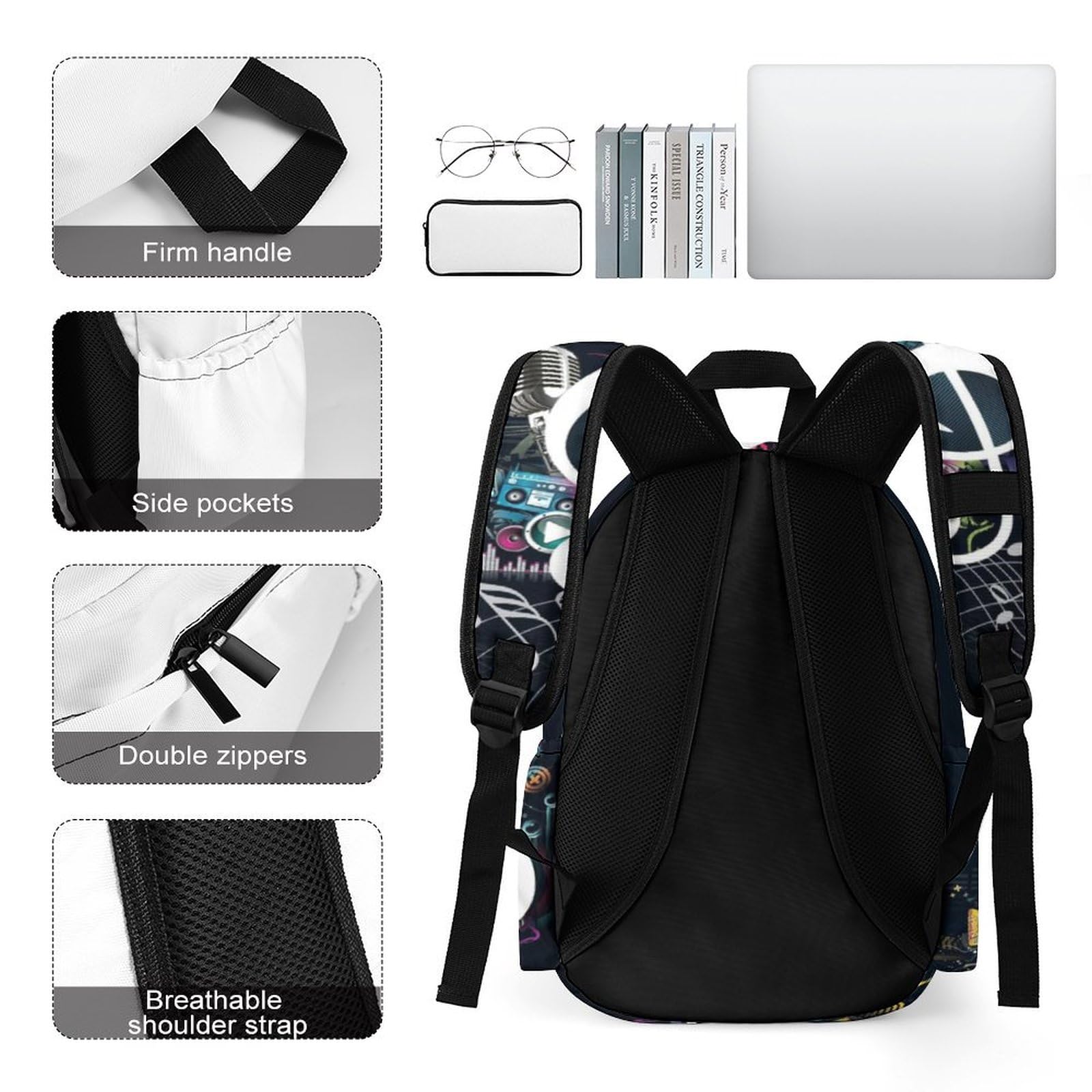 Rucksack, Noten-Musik-Rucksack, lässiger Tagesrucksack für Outdoor, Sport, Reisen, Musiknoten, 42x30x15cm