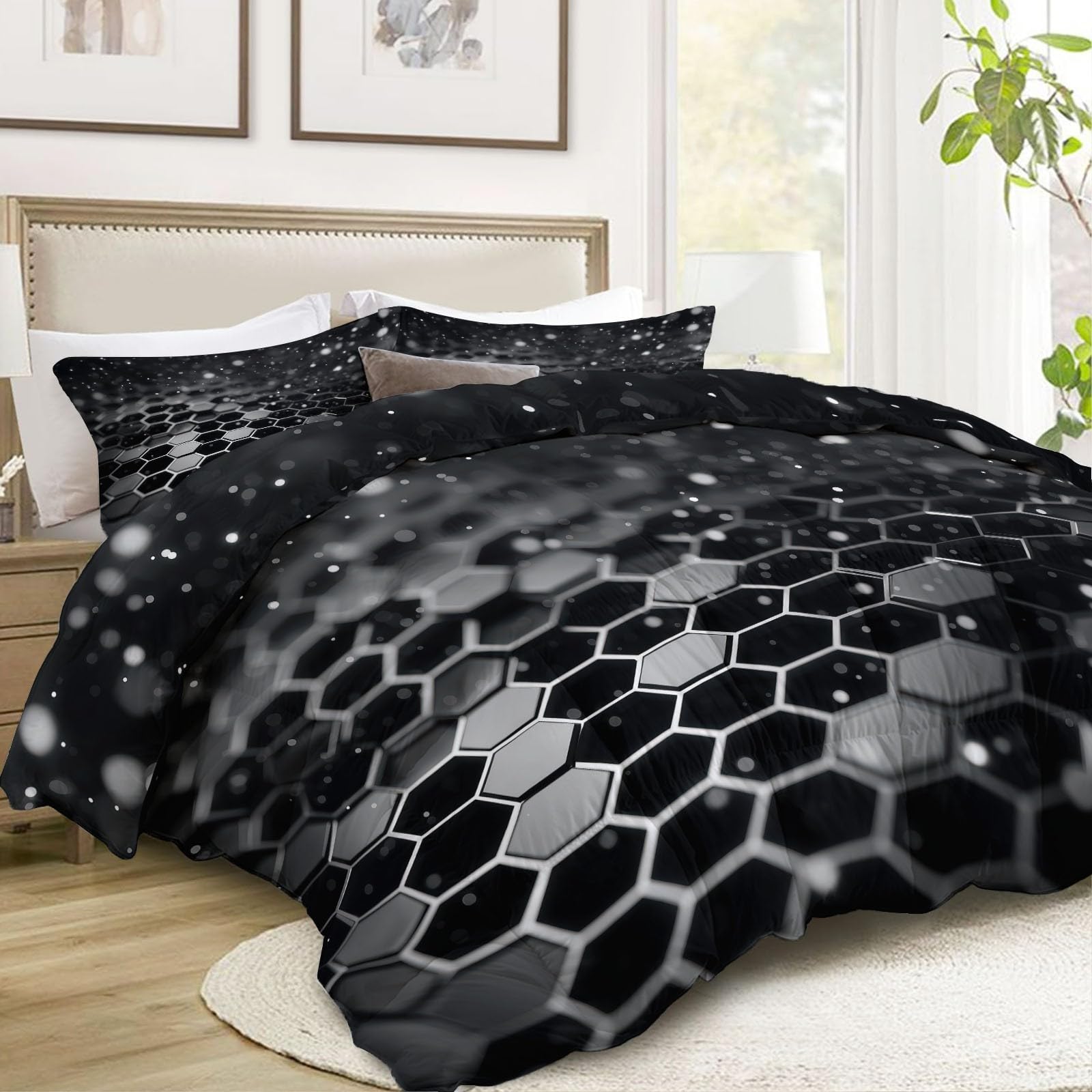 Piumino 4 Stagioni 150x200 cm Forme geometriche nere esagoni Trapunta Copriletto Imbottito Leggero in Microfibra Soffice, Trapuntino Stampa Reversibile Estate e Inverno