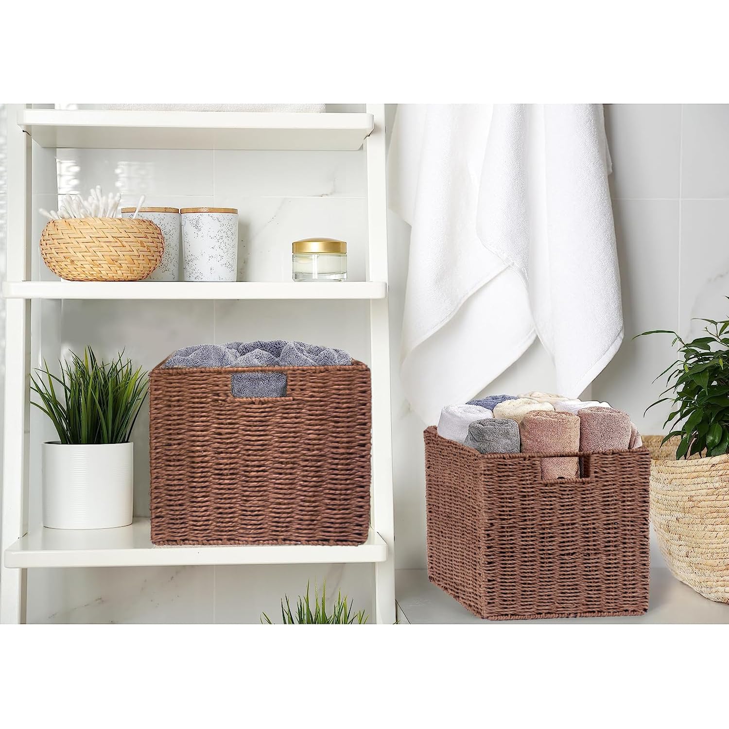 2 Cestas de Almacenaje, Cesta Mimbre Tejidas a Mano Cubo 28CM, Cesta Grande Plegable de Papel de Jacinto de Agua con Asas, Cesto Decorativo para Baño Estanterías Kallax Cocina
