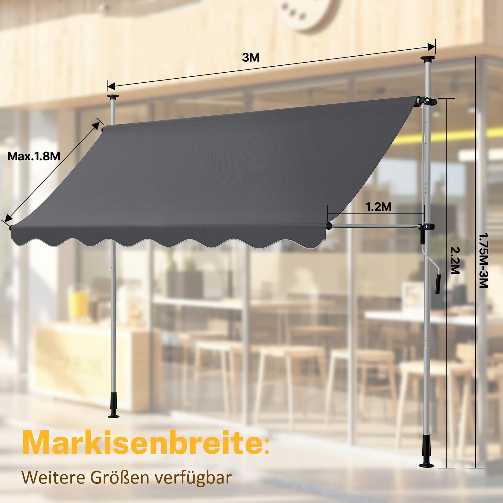 Klemmmarkise Sonnenschutz, Dein Flexibler Schattenspender, Markise Balkon ohne Bohren 300 cm Breit, Markise Balkon Höhenverstellbar & Winkelverstellbar & UV-beständig & Wetterfest (Anthrazit)