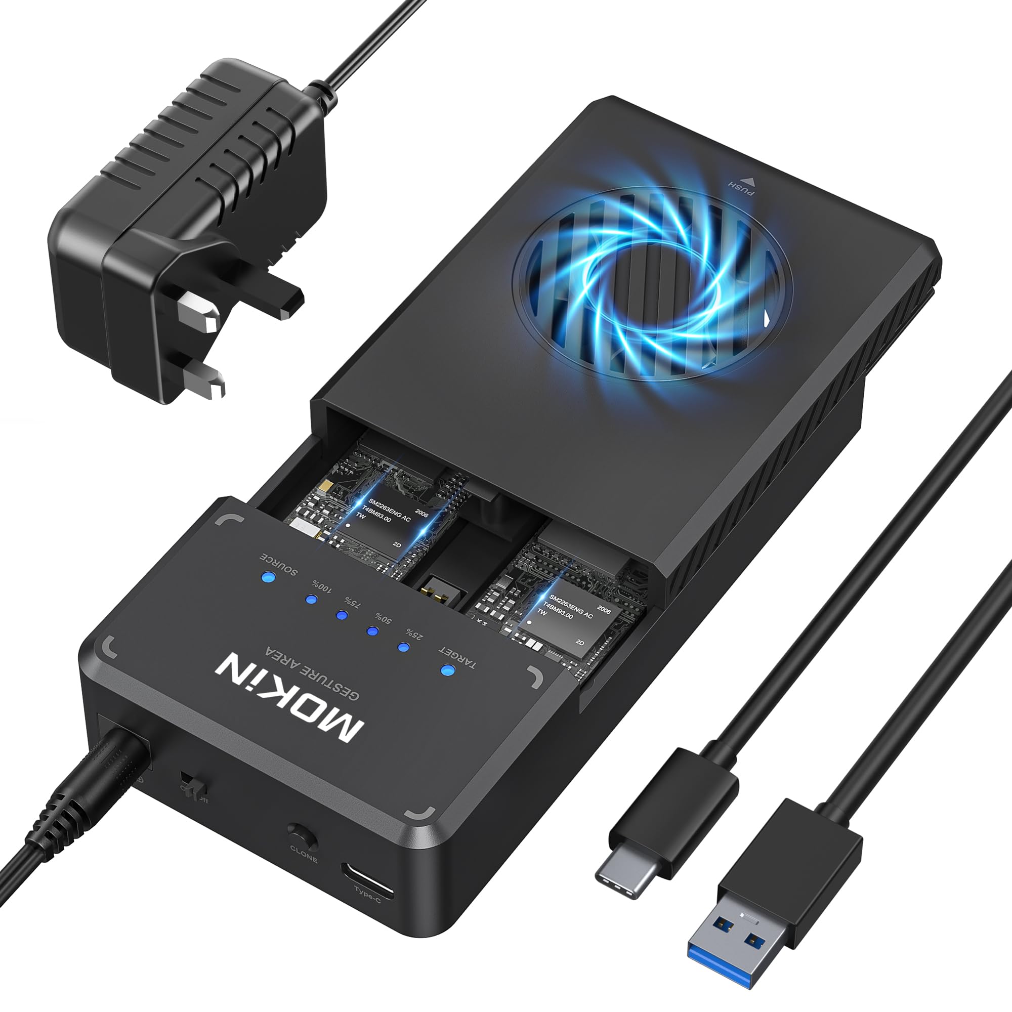 Boîtier de clonage hors ligne double baie USB C 3.1 Gen 2 10 Gbps NVMe PCIe M-Key (clé B+M) pour disque SSD, boîtier en plastique