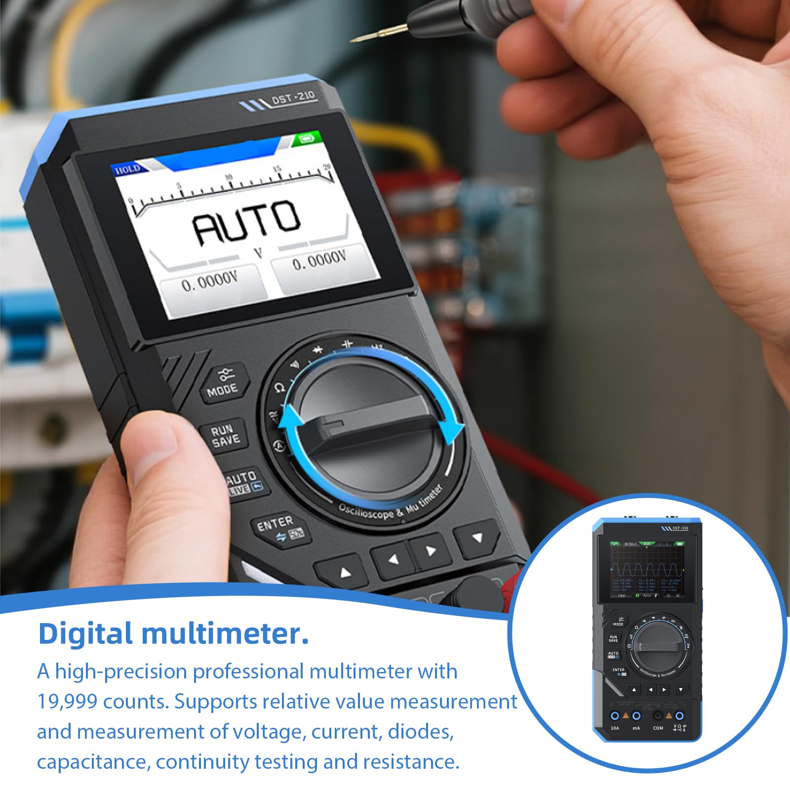 DST-210 Handheld Oszilloskop, 3 in 1 Digital Multimeter 10MHz Bandbreite Oscilloscope 48MSa/s Abtastrate 19999 Zählimpulse 2.8'' TFT Signalgenerator AC/DC Spannungstest Kondensator Widerstand Diode