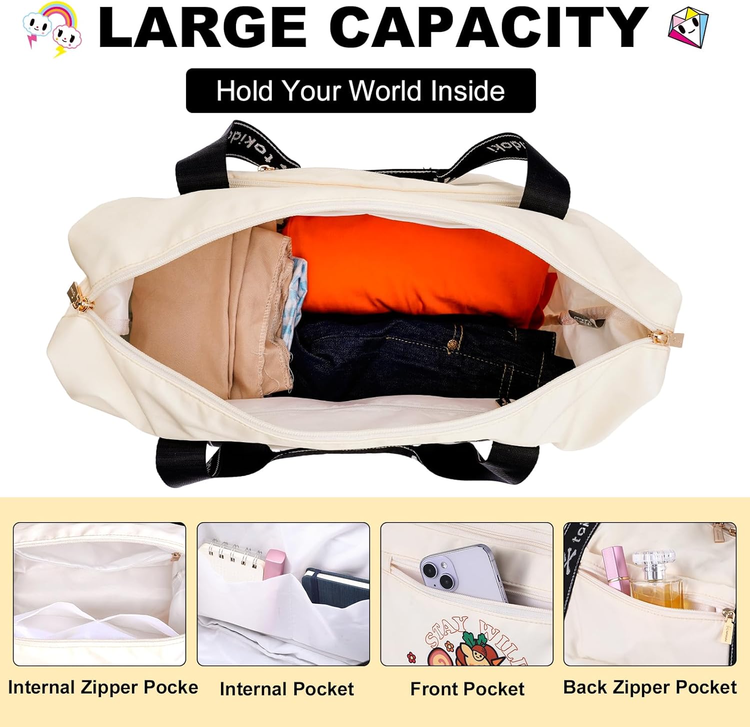 Tokidoki Travel Duffel Bag/Weekender Bag, 30L/40L Foldable Expandable Large Duffle Bag &Carry on Bag for Overnight, Weekend, Yoga, Gym, Business Trips, Sport and Hospital (Milk Blue)