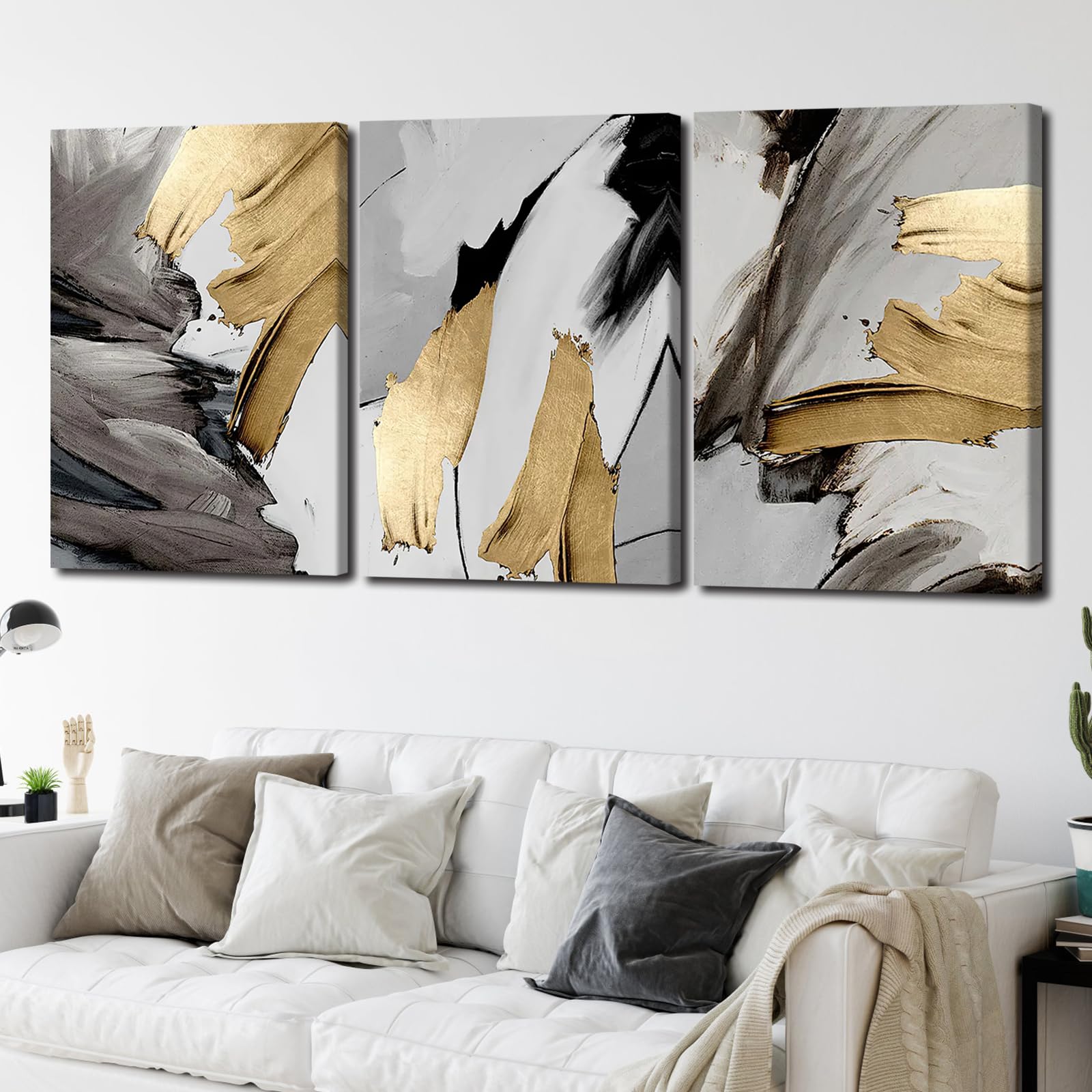 Photo 1 of Pennimor 3Pcs Framed Abstract Canvas Wall Art, Gold Black Grey Poster Wood Wall Decor, Modern Minimalist Artwork Printing for Office Living Room Bathroom Bedroom Home Farmhouse Decoration 12x16in