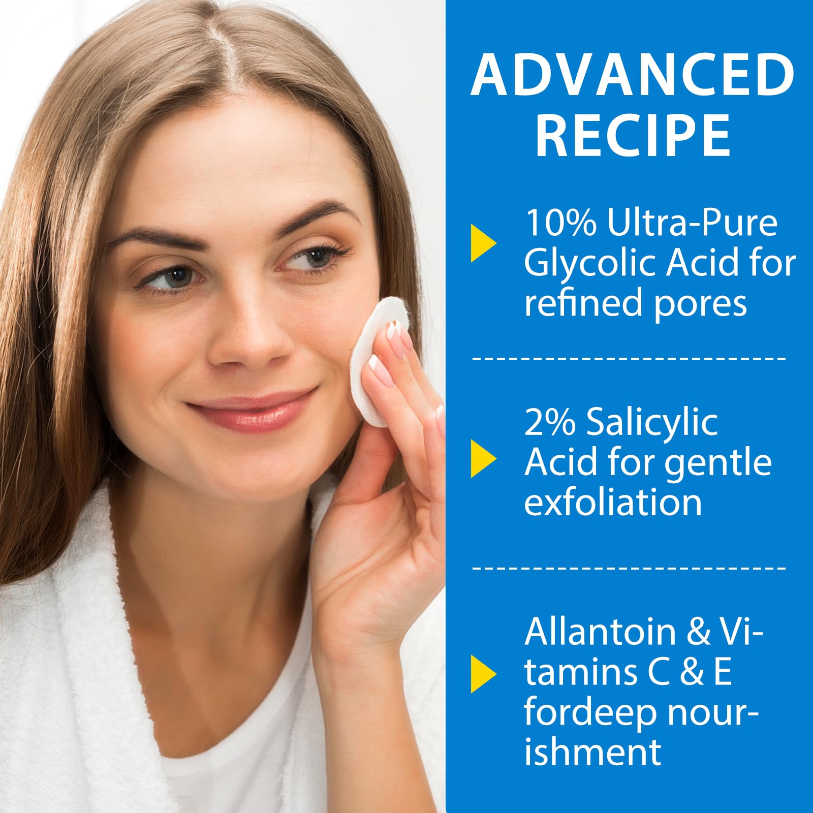 Kwas glikolowy peel pads, 10% bezbarwny kwas glikolowy + 2% kwas salicylowy, witaminy B3, B5, C & E, zielona herbata, nagietek, alantoina, do twarzy ciemnych plam, trądziku i redukuje drobne